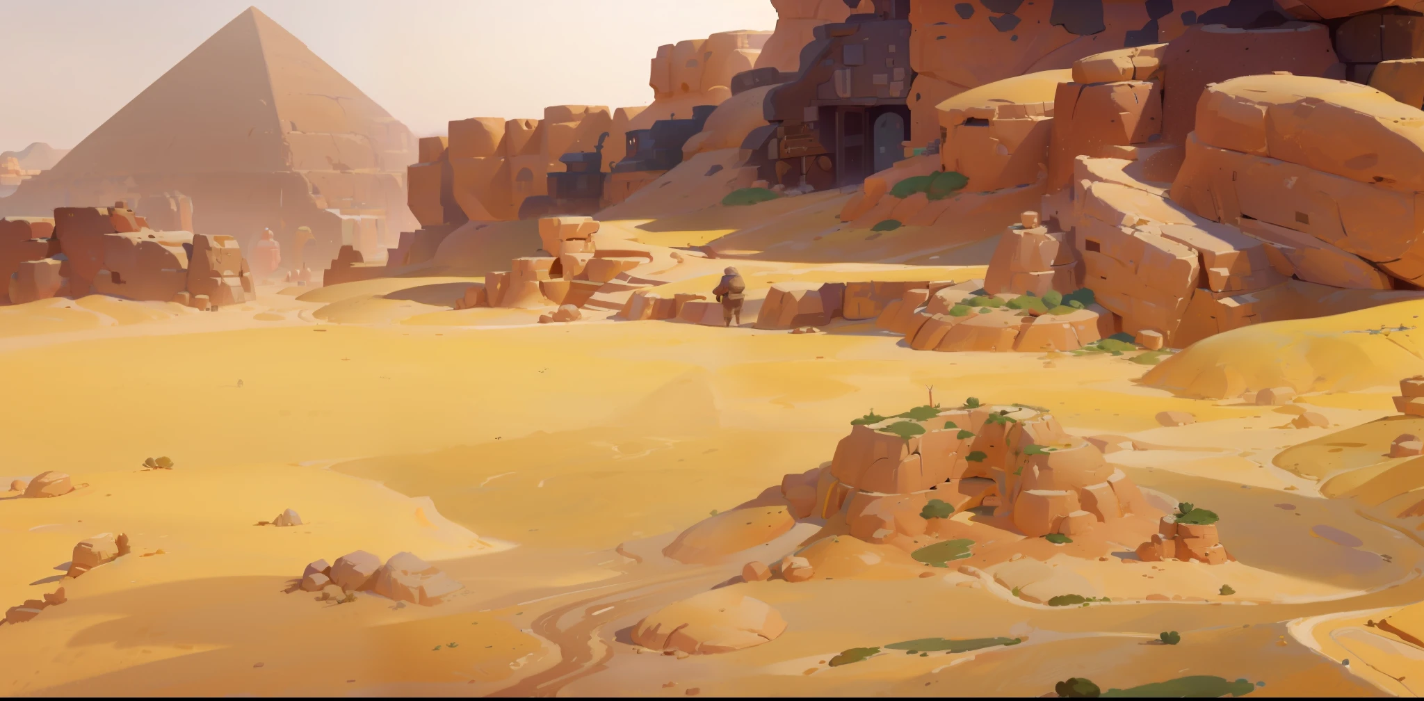 there is a picture of a desert with a pyramid in the background, stylized concept art, desert environment, sand and desert environment, arena background, dusty environment, desert wasteland, background art, painted as a game concept art, somewhere in sands of the desert, canyon background, desert oasis background, stylised textures, rocky desert, stylized painting, cinematic level shot