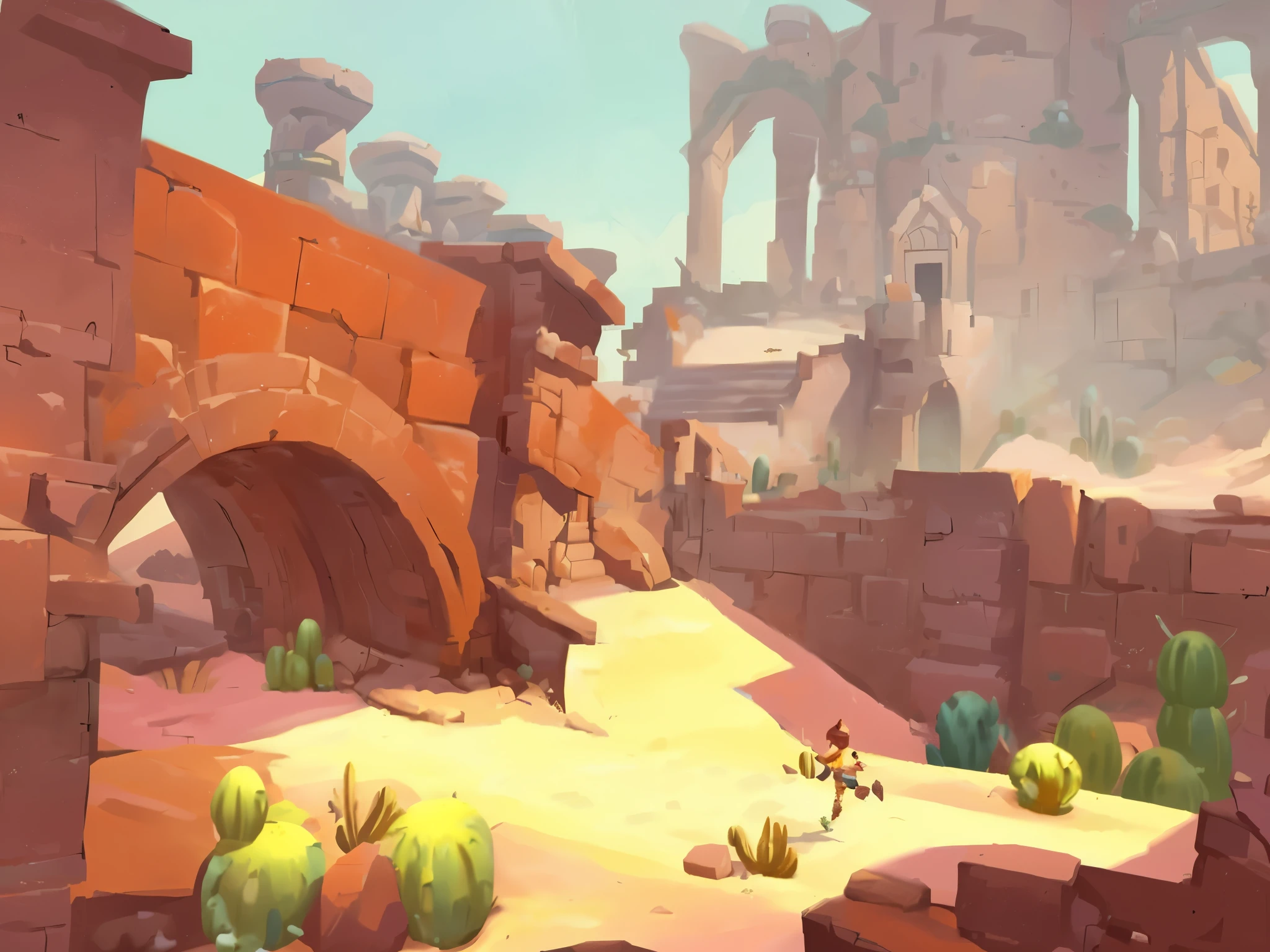 arafed desert scene with a bridge and cactus plants, background art, stylized concept art, stylized game art, 2d game art, 2 d game art, 2 d game environment design, concept art for a video game, fantastic screenshot art, game environment design, game concept art, gameplay still, mobile game art, side scroller game