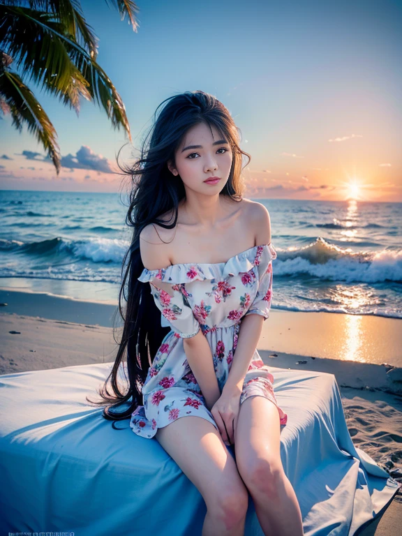 （（Top  Quality，8K，tmasterpiece：1.3）），focal：1.2，Perfect beauty：1.4，Essential，hindquarters：1.2，（（Layered Hair Style，nedium breasts：1.2）），（wetclothes：1.1），（sun setting，the ocean：1.3），Off-the-shoulder floral dress：1.1，Highly Detailed Face and Skin Textur，Narrow eyes，double eyelid，Whitens the skin，rnlong hair，（Keep one's mouth shut：1.3），Smile with，The beauty is unreal，Hairstyling design，Sitting in the ocean，Long legs，The Ocean Splash character has no other elements，(Best quality),(Ultra-detailed),(Masterpiece),(the wallpaper),looking at viewert,Delicate details,Bright eyes,light in face,Cinematic lighting,Sexy figure,Perfect body proportion,Blush,Black hair,Floating hair,(Long hair:1.3),fake smile,Bed,Absolute field,Smooth skin,Expose legs,Full body, ,Unity 8k wallpaper,Ultra detailed,Beautiful and aesthetic,Beautiful,Masterpiece,Best quality,,Lying,group picture,Sit in the water,