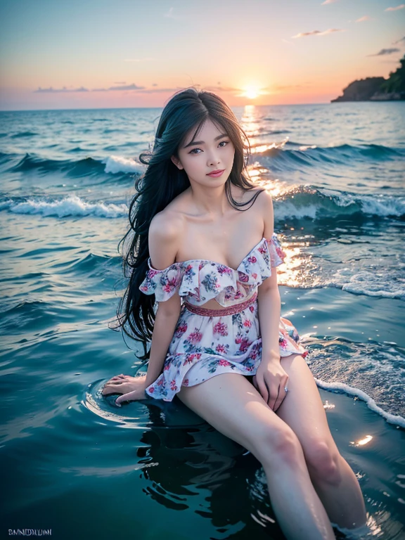 （（Top  Quality，8K，tmasterpiece：1.3）），focal：1.2，Perfect beauty：1.4，Essential，hindquarters：1.2，（（Layered Hair Style，nedium breasts：1.2）），（wetclothes：1.1），（sun setting，the ocean：1.3），Off-the-shoulder floral dress：1.1，Highly Detailed Face and Skin Textur，Narrow eyes，double eyelid，Whitens the skin，rnlong hair，（Keep one's mouth shut：1.3），Smile with，The beauty is unreal，Hairstyling design，Sitting in the ocean，Long legs，The Ocean Splash character has no other elements，(Best quality),(Ultra-detailed),(Masterpiece),(the wallpaper),looking at viewert,Delicate details,Bright eyes,light in face,Cinematic lighting,Sexy figure,Perfect body proportion,Blush,Black hair,Floating hair,(Long hair:1.3),fake smile,Bed,Absolute field,Smooth skin,Expose legs,Full body, ,Unity 8k wallpaper,Ultra detailed,Beautiful and aesthetic,Beautiful,Masterpiece,Best quality,,Lying,group picture,Sit in the water,