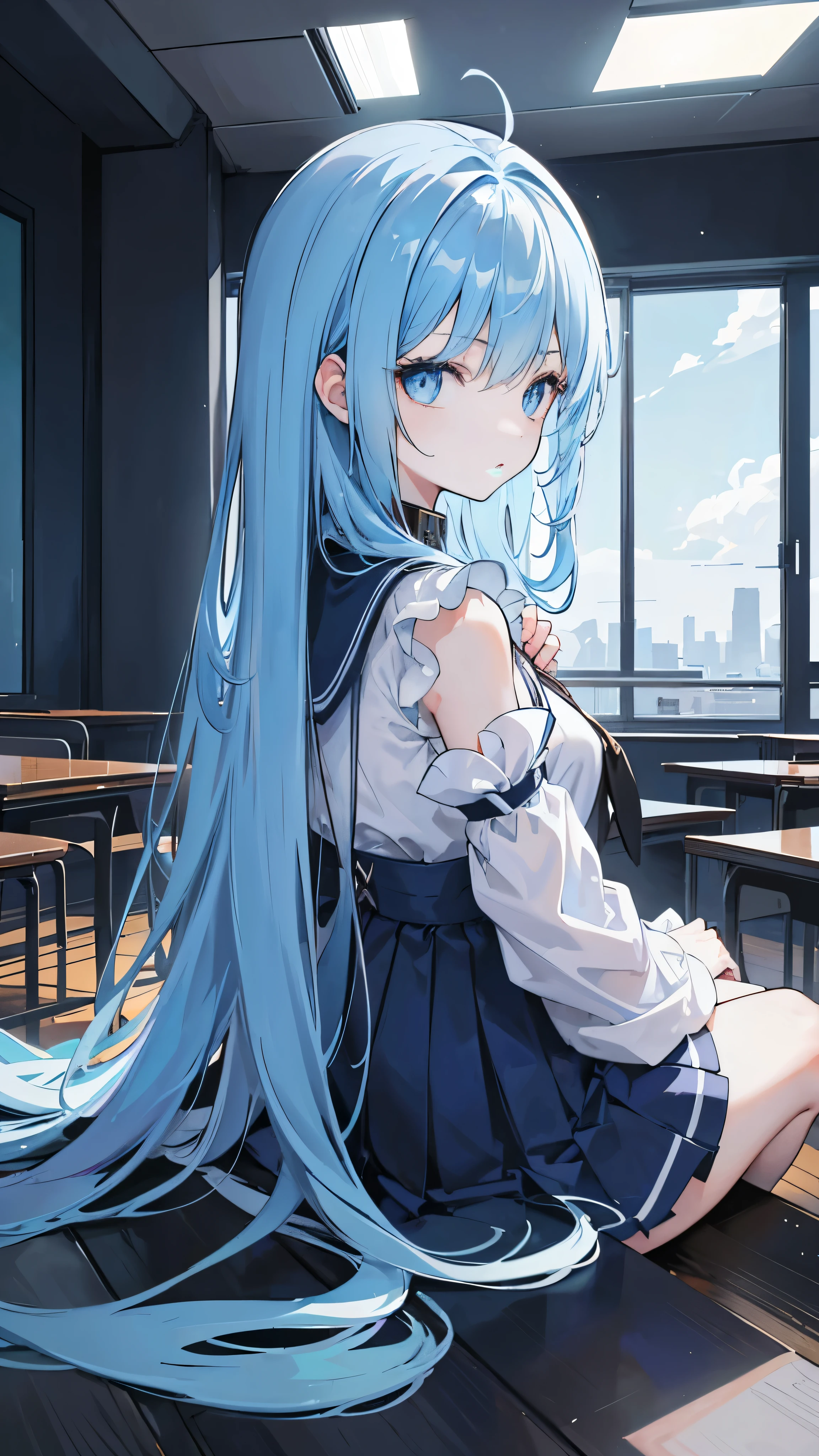 anime - style image of a age girl with long blue hair and a cape, un dibujo anime de Kamagurka, pixiv, rococo, mikudayo, anime visual de una linda chica, retrato de hatsune miku, arte digital de danganronpa, chica anime con pelo largo, chica anime con cabello verde azulado, obra de arte oficial, anime moe art style