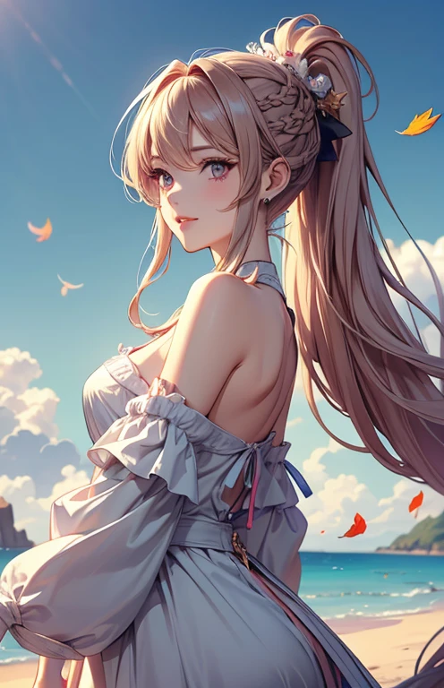masterpiece、highest quality、High resolution、high quality images、8K, 1 female、skin luster、Texture of skin and clothing、Expression of fine eyes、Shiny bright golden hair,Girl with long braided hair, Manga inspired by Lee Jong-suk, trending on deviantart, realism, detailed manga style, manga art style, perfect line drawing, beautiful line drawing, digital manga art girl, K-POPアイドル, Beautiful pink eyes, pink eyes , plump lips, detailed gorgeous face, (cute smile), charm, innocent, Side view, (perfectly detailed face), (fine hands) photorealistic images, Depth of written boundary, ponytail hairstyle, Corolla on the head , loose and light knitwear、Shoulder knitwear , show your shoulders , I can see the cleavage , autumn leaves , autumn leaves ,美しいautumn leaves,romanticism,