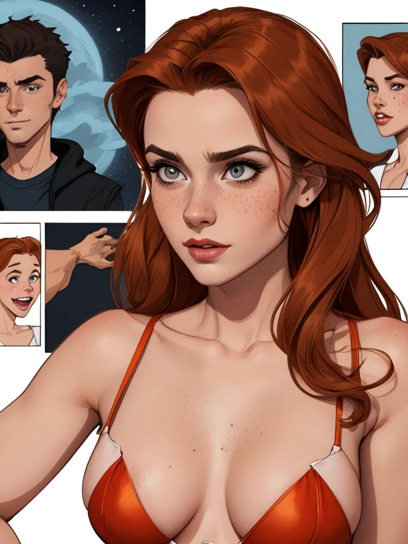 Character style illustration style Completely bare breasts showing small fear Breast size Cartoon name: white background medium breasts freckled face Sabrina Spielman and Luna actress strong contours Physical description - long, straight hair, tingidos de um marrom vibrante que contrasta com sua pele clara. - You reflect a mix of curiosity and determination. - Ela tem uma estatura alta, with a slender and agile figure, evidenciando sua agilidade e destreza. -fundo colorido Design de personagens de retrato, beautiful digital illustration, retrato de alta qualidade, Arte em quadrinhos, Corpo inteiro sensualizando ou pelada. folha de retorno. return sheet member clothes of the day hell day expression love using sanserina and Harry Potter clothes 
