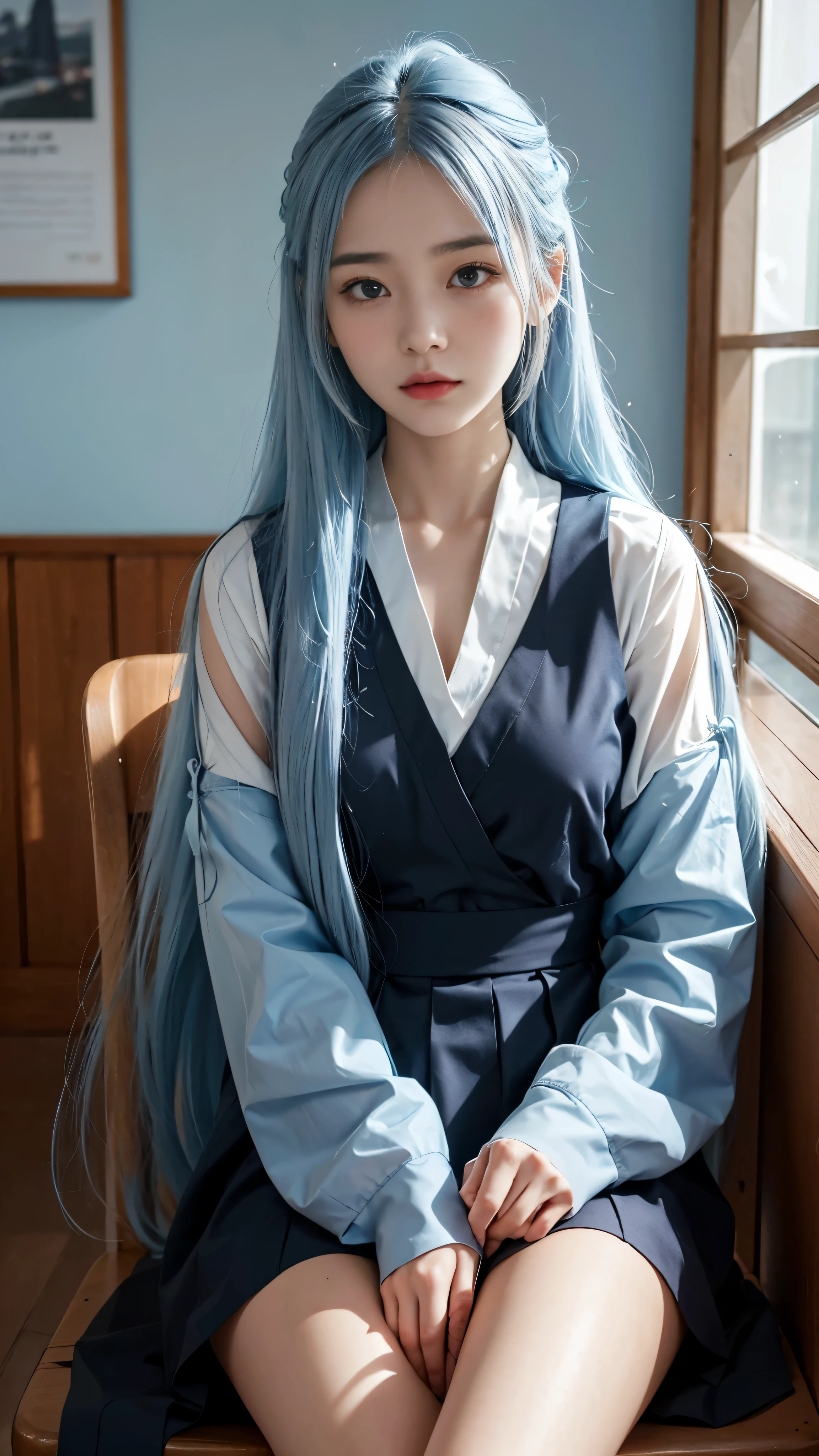 With high quality images，One girl with long, flowing light blue hair swaying down her back、sitting attentively in a dimly lit classroom。The navy blue walls of the modern school building surround her.、It contrasts sharply with the vibrant hair.。Dressed in black with the traditional collar and sleeves of the blouse giving it an anime touch、facial details，She is concentrating intently on her textbook。