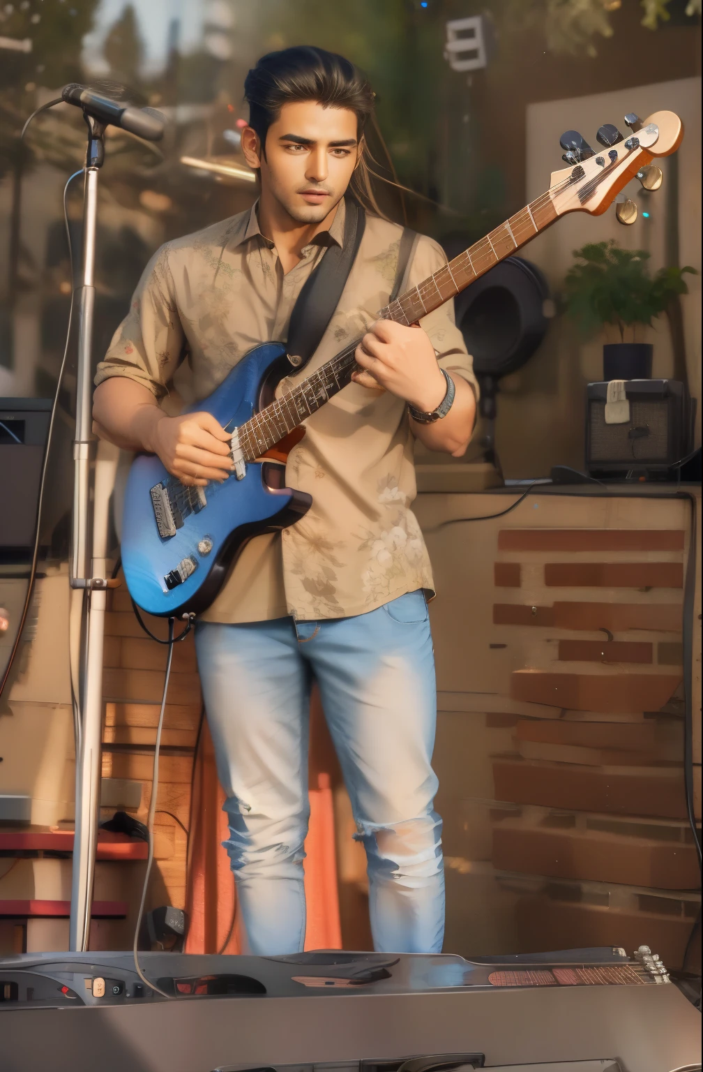 Handsome boy, standing, playing guitar, bass guitar, floral printed shirt, half sleeve shirt, performance, concert stage, mic, stings, wires, keep face intact as the input image, realistic, ultra realistic, 8k