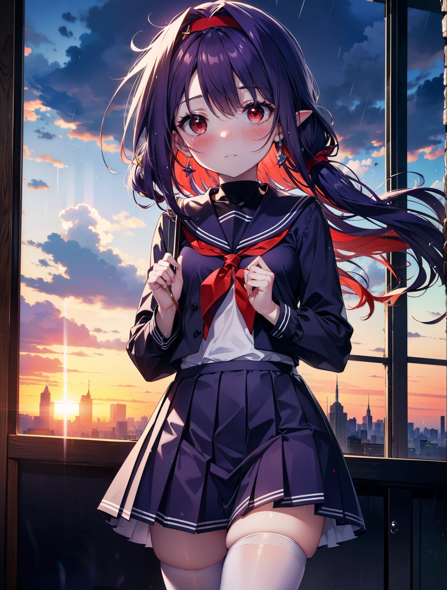 yuukikonno, Yuki Konno, hair band, long hair, pointed ears, purple hair,blush, embarrassing,(red eyes:1.5), (small breasts:1.2),high school girl uniform(Purple sailor suit),Purple pleated skirt,white tights,brown loafers,rain,cloudy,evening,建物の屋根でrain宿り,
break looking at viewer, Upper body, full body,
break outdoors, city,building street,
break (masterpiece:1.2), highest quality, High resolution, unity 8k wallpaper, (shape:0.8), (fine and beautiful eyes:1.6), highly detailed face, perfect lighting, Very detailed CG, (perfect hands, perfect anatomy),