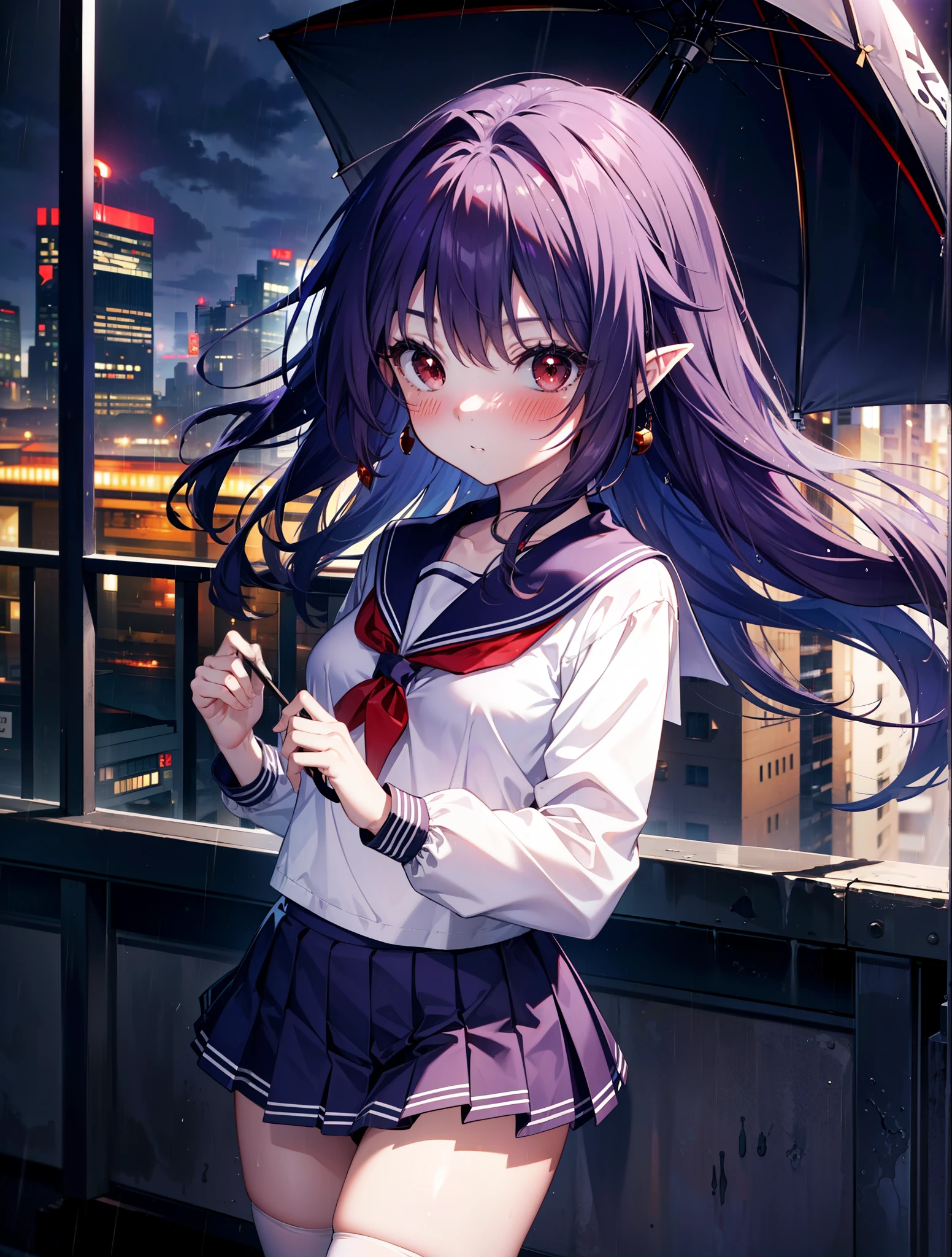 yuukikonno, Yuki Konno, hair band, long hair, pointed ears, purple hair,blush, embarrassing,(red eyes:1.5), (small breasts:1.2),high school girl uniform(Purple sailor suit),Purple pleated skirt,white tights,brown loafers,rain,cloudy,umbrella,evening,
break looking at viewer, Upper body, full body,
break outdoors, city,building street,
break (masterpiece:1.2), highest quality, High resolution, unity 8k wallpaper, (shape:0.8), (fine and beautiful eyes:1.6), highly detailed face, perfect lighting, Very detailed CG, (perfect hands, perfect anatomy),