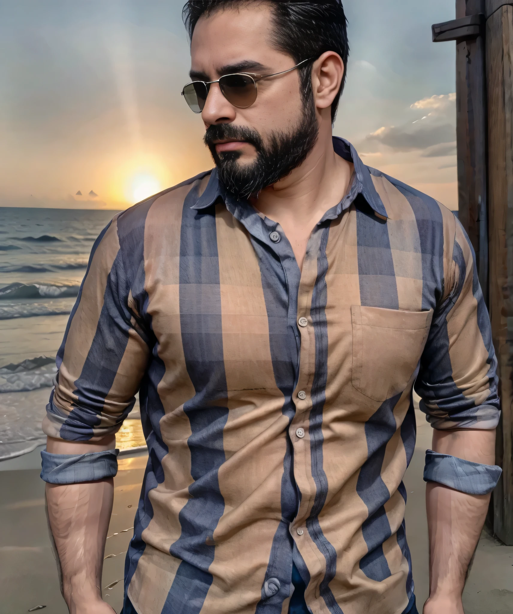 (best quality,4k,8k,highres,masterpiece:1.2), ultra-detailed, realistic:1.37, HDR, studio lighting, professional, vivid colors, bokeh, portraits, man in his late 30s, bearded, wearing sunglasses, wearing formal attire with checkered shirt, walking on the beach.