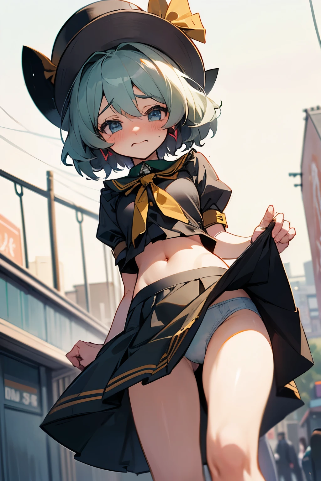 Koishi lift up skirt underwear out of town embarrassed face Navel exposed