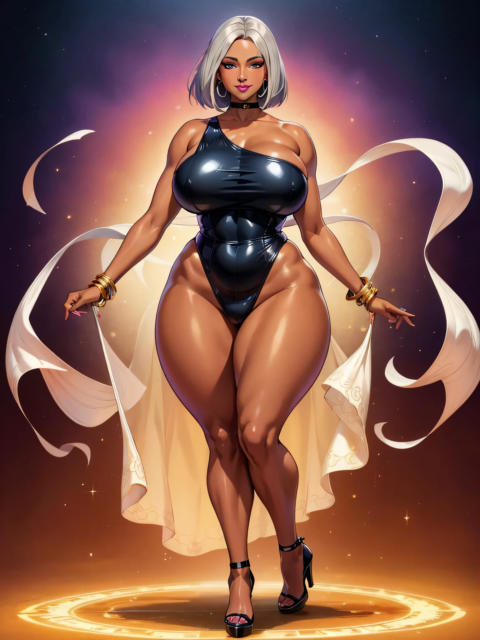 Detailed CG artwork, (highest quality, exquisite details, absolute masterpiece), (head to toe images)), sex with men,((full body image)),(plus size model)), (((Dark mahogany skin))),(((bright silver hair))), ((short hair,Graduation Bob)),(alone,beautiful mahogany black skin、micro dress),be familiar with beautiful mature face, Highly detailed beautiful face and eyes, (be familiar with, fascinating, and clear eyes), (plump glossy purple lips)),((high heels)),(purple eye shadow), blush, (sadistic fascinating smile), (Curvaceous), ( Incredibly large and curvaceous hips), (very huge sensual ass), (ridiculously huge thick thighs), (glowing skin), (wet oily skin), finger nail art, jewelry, bracelet, hoop earrings