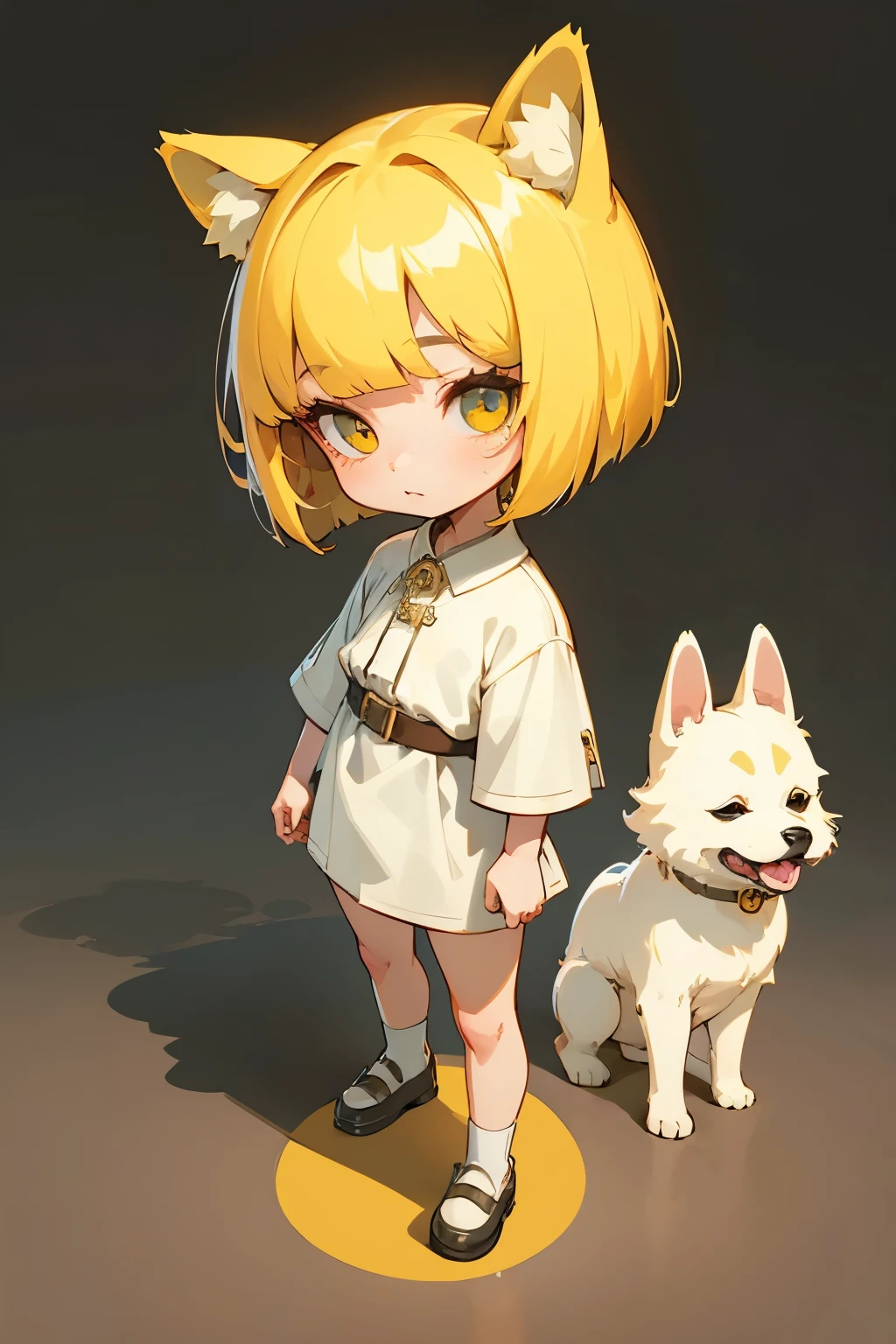 girl, dog character, dog style ear, cute, catoon style, chibi style, beautiful face, beautiful eye, high detailed pupil, double eyelid, high quality skin, yellow color hair, bob cut hair, white clothes, professional lighting, real shadow, masterpiece,