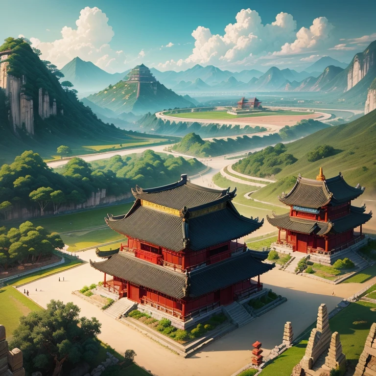 a graceful landscape of ancient China with temples of the gods in its essence from Chinese mythology