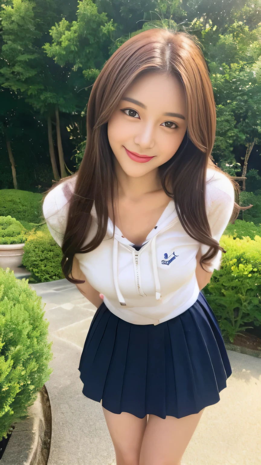 ((highest quality, 8K, masterpiece:1.3)), 24old woman、concentrated:1.2, perfect body beauty:1.4, buttocks:1.2, ((delicate hair)), (hoodie、mini skirt. :1.1) , ((highest quality、8K、masterpiece:1.3))、1 girl、A sloppy smile、Full body Esbian、slim face、double eyelid、Beautiful woman、(dark brown hair)、garden、cute pose、gravure pose、model pose、