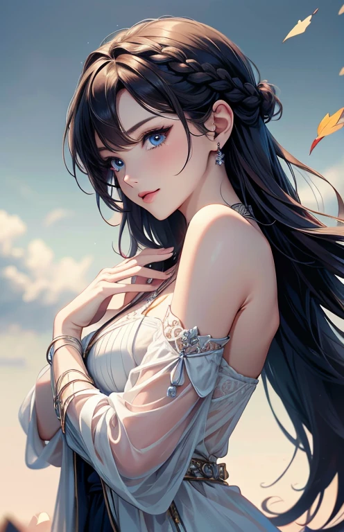 masterpiece、highest quality、High resolution、high quality images、8K, 1 female、skin luster、Texture of skin and clothing、Expression of fine eyes、Shiny bright golden hair,Girl with long braided hair, Manga inspired by Lee Jong-suk, trending on deviantart, realism, detailed manga style, manga art style, perfect line drawing, beautiful line drawing, digital manga art girl, K-POPアイドル, Beautiful blue eyes, blue eyes , plump lips, detailed gorgeous face, (cute smile), charm, innocent, Side view, (perfectly detailed face), (fine hands) photorealistic images, Depth of written boundary, Princess hairstyle, Corolla on the head , loose and light knitwear、Shoulder knitwear , show your shoulders , I can see the cleavage , autumn leaves , autumn leaves ,美しいautumn leaves,romanticism,