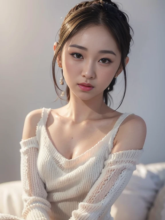 1 woman, Asian woman, white background, (Highly detailed body, very detailed face, top quality:1.4), (25 year old woman), looking at viewer, She has dimples on her face, I can't see her hands, (short layered hair:1.2), Her thighs are very beautiful, 8 thousand, (Cozy dangara V-neck knit dress:1.45), (Twisted dress:1.3), (skin glow:1.3), (small breasts:1.3), 