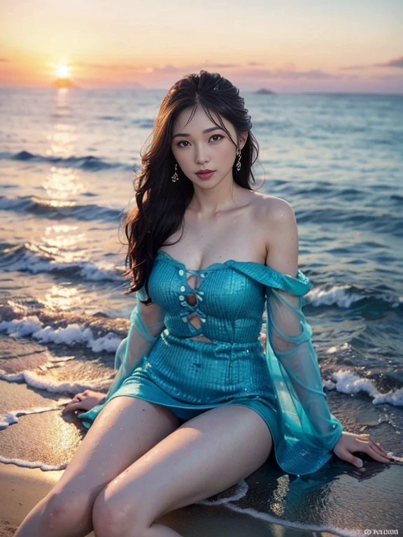 ((Top Quality,8K,tmasterpiece:1.3)),focal:1.2,Perfect beauty:1.4,Essential,hindquarters:1.2,((Layered Hair Style,nedium breasts:1.2)),(wetclothes:1.1),(sun setting,the ocean:1.3),Off-the-shoulder floral dress:1.1,Highly Detailed Face and Skin Textur,Narrow eyes,double eyelid,Whitens the skin,rnlong hair,(Keep one's mouth shut:1.3),Smile with,The beauty is unreal,Hairstyling design,Sitting in the ocean,Long legs,The Ocean Splash character has no other elements,(Best quality),(Ultra-detailed),(Masterpiece),(the wallpaper),looking at viewert,Delicate details,Bright eyes,light in face,Cinematic lighting,Sexy figure,Perfect body proportion,Blush,Black hair,Floating hair,(Long hair:1.3),fake smile,Bed,Absolute field,Smooth skin,Expose legs,Full body, ,Unity 8k wallpaper,Ultra detailed,Beautiful and aesthetic,Beautiful,Masterpiece,Best quality,,Lying,group picture,Sit in the water,
