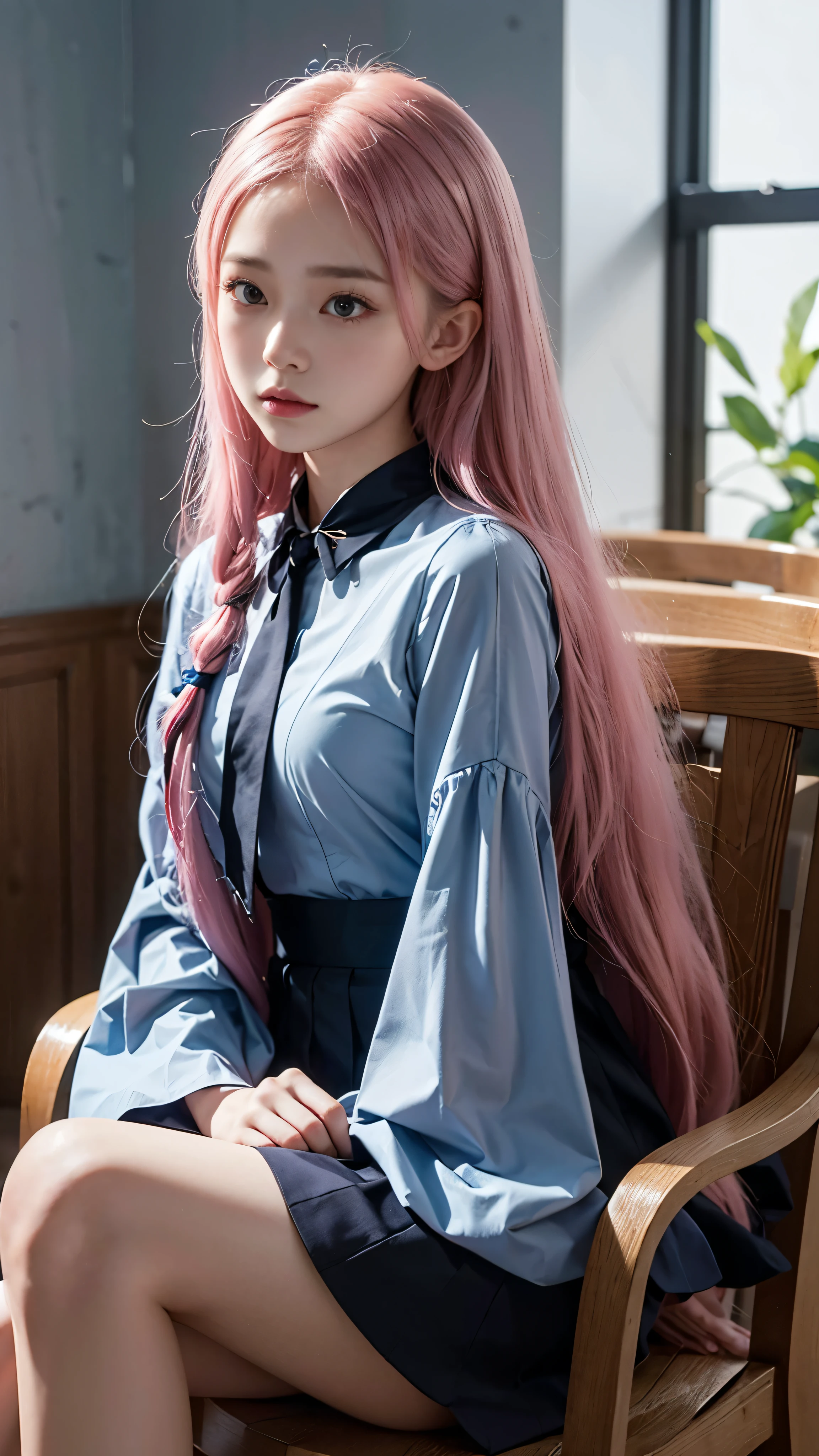 With high quality images，One girl with long flowing pink hair swaying down her back、sitting attentively in a bright classroom。The navy blue walls of the modern school building surround her.、It contrasts sharply with the vibrant hair.。Dressed in black with the traditional collar and sleeves of the blouse giving it an anime touch、facial details，She is concentrating intently on her textbook。
