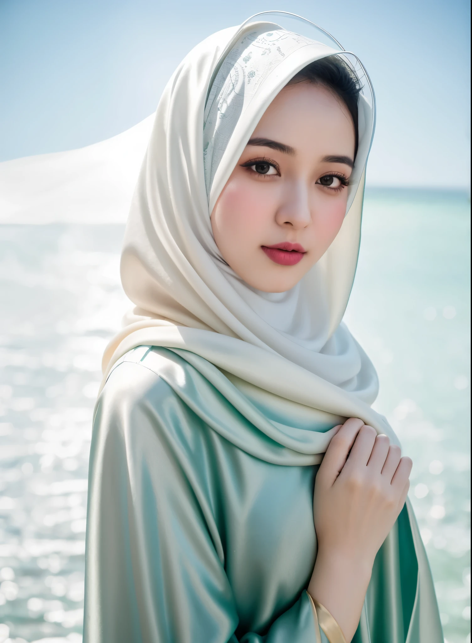 ​masterpiece, top-quality, 8K, absurderes, a beauty girl, (fullbody:1.4), kawaii, outdoor, (fullnude:1.5), wearing blue pasmina hijab, hijab,nice body, No makeup, bukkake, Near and far law, depth of fields, A hyper-realistic, hight resolution, a picture, foco nítido, nffsw, face lights, 动态照明, Highest detail, Extreme details、ultra-detailliert、detaile、authentic skin、delicated facial features、Easy Negative