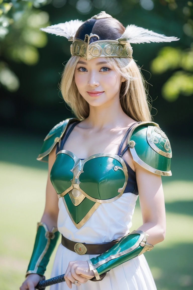 Valkyrie、medium view, medium shot, Depth of written boundary, bust, Upper body, cinematic angle, masterpiece, highest quality, Super detailed, cg, 8k wallpaper, beautiful face, delicate eyes, maiden, alone, smile, bangs, skirt, shirt, have a sword, Dark green armor、white dress, Green feathered helmet