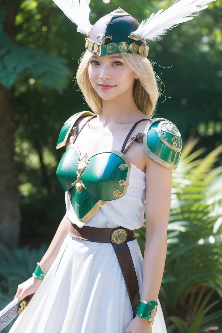 Valkyrie、medium view, medium shot, Depth of written boundary, bust, Upper body, cinematic angle, masterpiece, highest quality, Super detailed, cg, 8k wallpaper, beautiful face, delicate eyes, maiden, alone, smile, bangs, skirt, shirt, have a sword, Dark green armor、white dress, Green feathered helmet