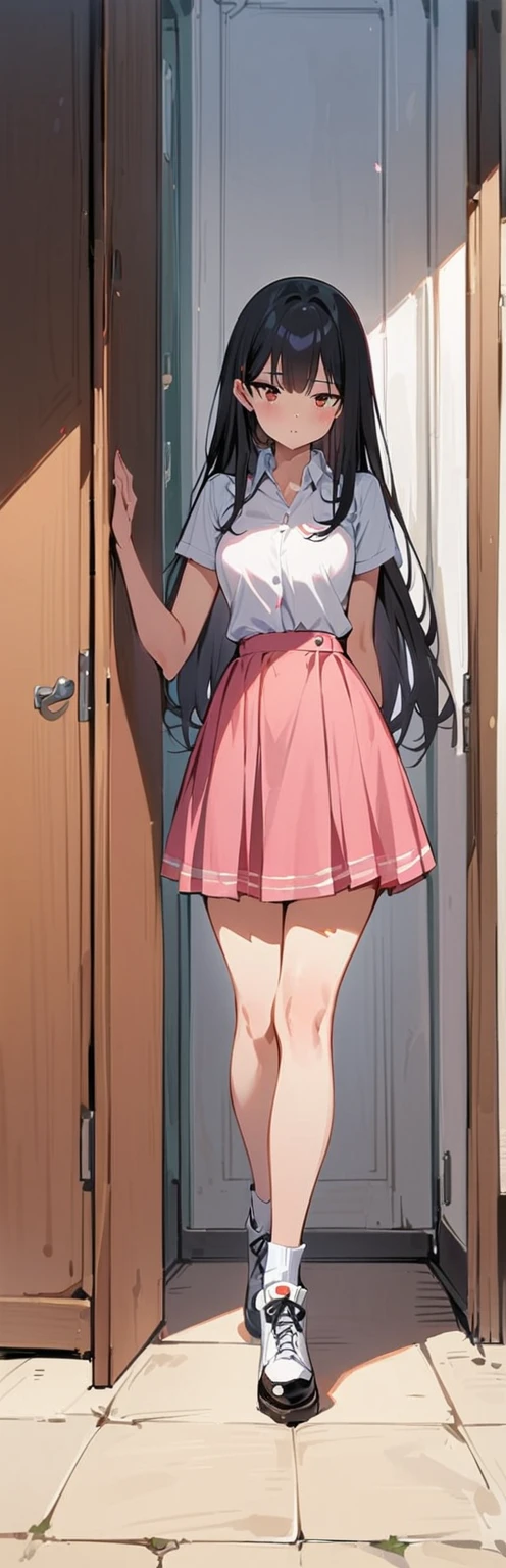 (Masterpiece, Highest quality:1.2), 1 girl, alone,standing_separate,
, long hair,black无袖短背心,pink skirt,black