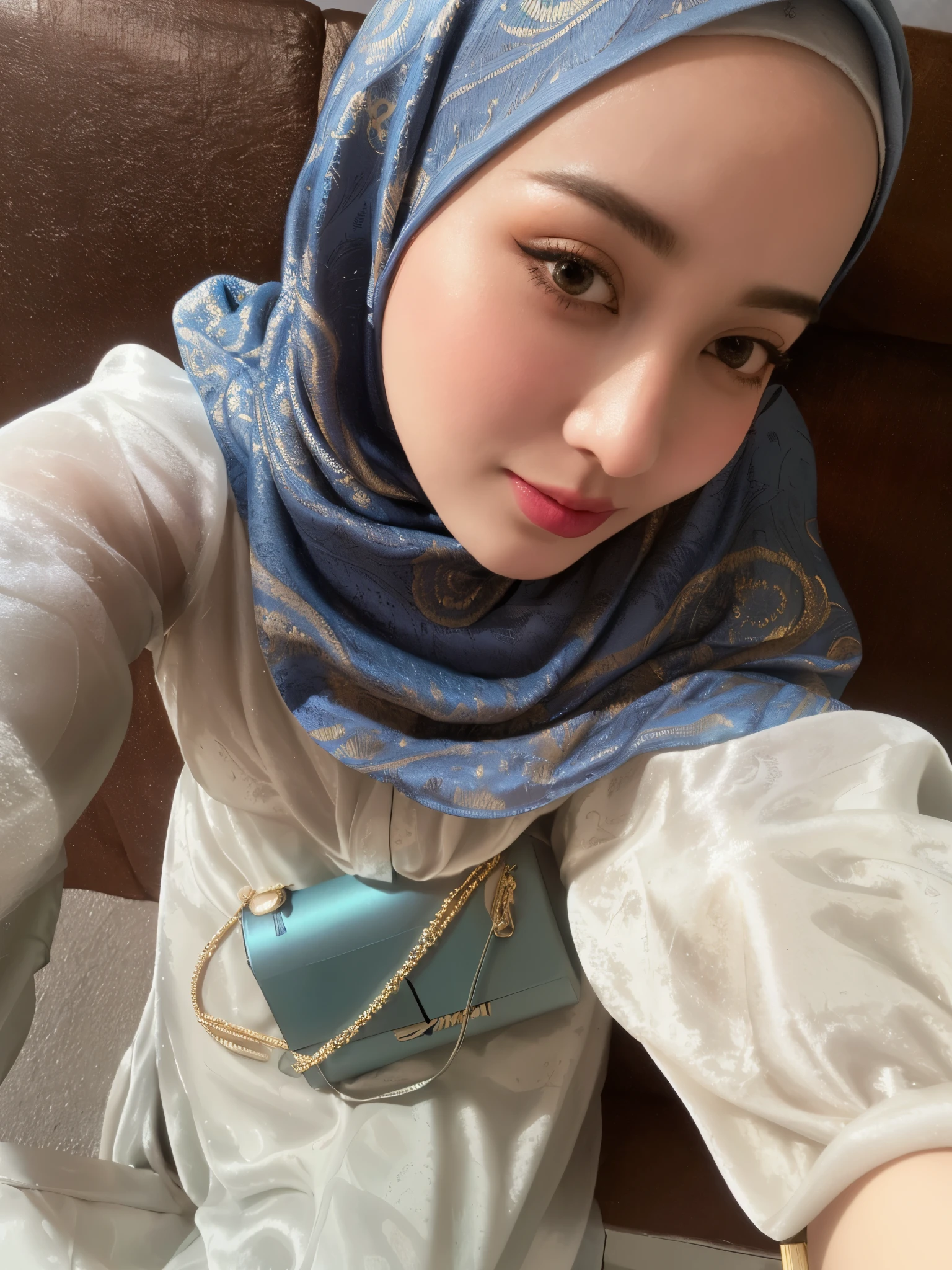 RAW photo of a 24 year old girl wearing hijab, satin abaya sexy sea foam , satin, hijab face portrait,((tp background)), 8k uhd, dslr, soft lighting, high quality, film grain, Fujifilm XT3, covered dress, patterned dress, gigantic breasts:1.5