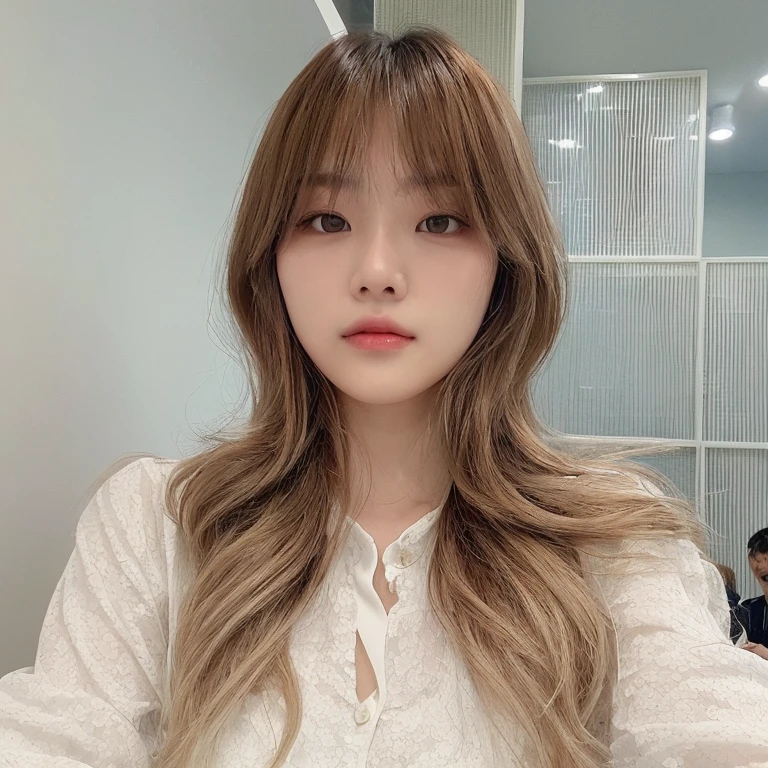 Best Quality, 8k, Masterpiece, (Portrait: 1.3), (photo realistic:1.4), (hyper realistic:1.4), Sharp Focus, looking at viewer, (smoother lighting:1.1), (increase cinematic lighting quality:0.9), realistic lighting, backlighting, light on face, ray trace, (brightening light:1.2), (Increase quality:1.4), sharp detail, (best quality real texture skin:1.4), finely detailed eyes, black_eyes, finely detailed face, 25 year old Korean woman, (white formal_shirt:1.4), (Create an image maintaining the original base model hairstyle:1.5)