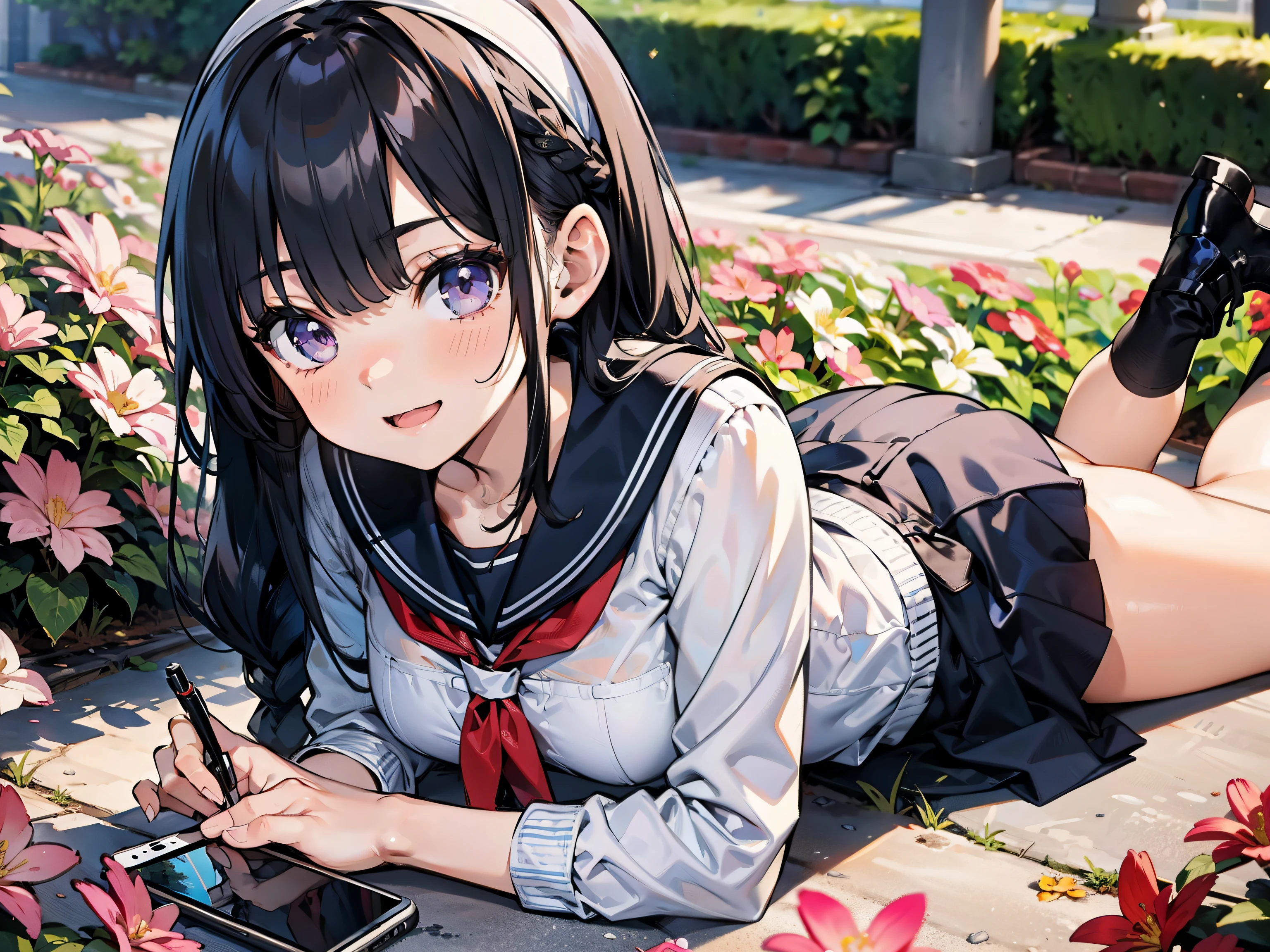 body 8 times longer than head, (CG Unity 8K altamente detallado), (of the highest quality),(Muy detallado),(ultra high resolution), PELO NEGRO, Chica de secundaria vistiendo un traje de marinero azul marino, 2D anime rendering, chica de secundaria de anime joven realista, ((Diadema blanca)), ojos morados, small breasts, alto, ojos rasgados, (paisaje escolar), medias negras, color brillante, abre la boca, falda azul oscuro, trenza de pelo, flequillo patsun, position looking down from above, Lie face down, Photographing flowers blooming on the ground with a smartphone, sonrisa,