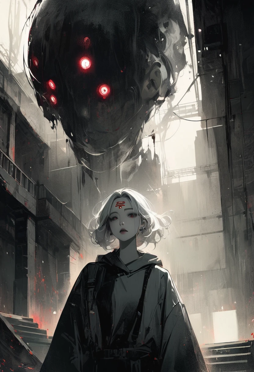 dark, Japanese-style horror, horror, surreal, giant floating head, stairwell, eerie, first-person perspective, Japanese elements, talisman on forehead, white hair, red accents, disembodied, metallic orbs, industrial setting, concrete walls, fluorescent lighting, ghostly smoke trail, Asian female features, piercing through cheek, high contrast, digital art, stylized, supernatural, muted color palette