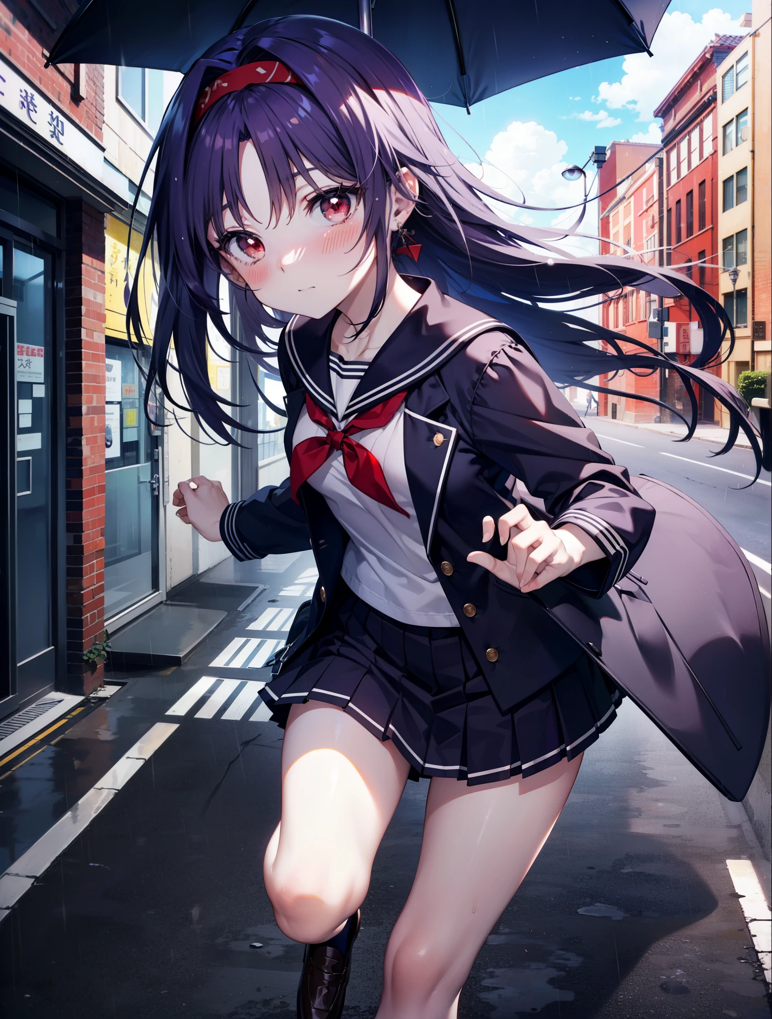yuukikonno, Yuki Konno, hair band, long hair, pointed ears, purple hair,blush, embarrassing,(red eyes:1.5), (small breasts:1.2),high school girl uniform(Purple sailor suit),Purple pleated skirt,white tights,brown loafers,rain,cloudy,umbrella,umbrellaのグリップを掴んで持っている,evening,
break looking at viewer, Upper body, full body,
break outdoors, city,building street,
break (masterpiece:1.2), highest quality, High resolution, unity 8k wallpaper, (shape:0.8), (fine and beautiful eyes:1.6), highly detailed face, perfect lighting, Very detailed CG, (perfect hands, perfect anatomy),