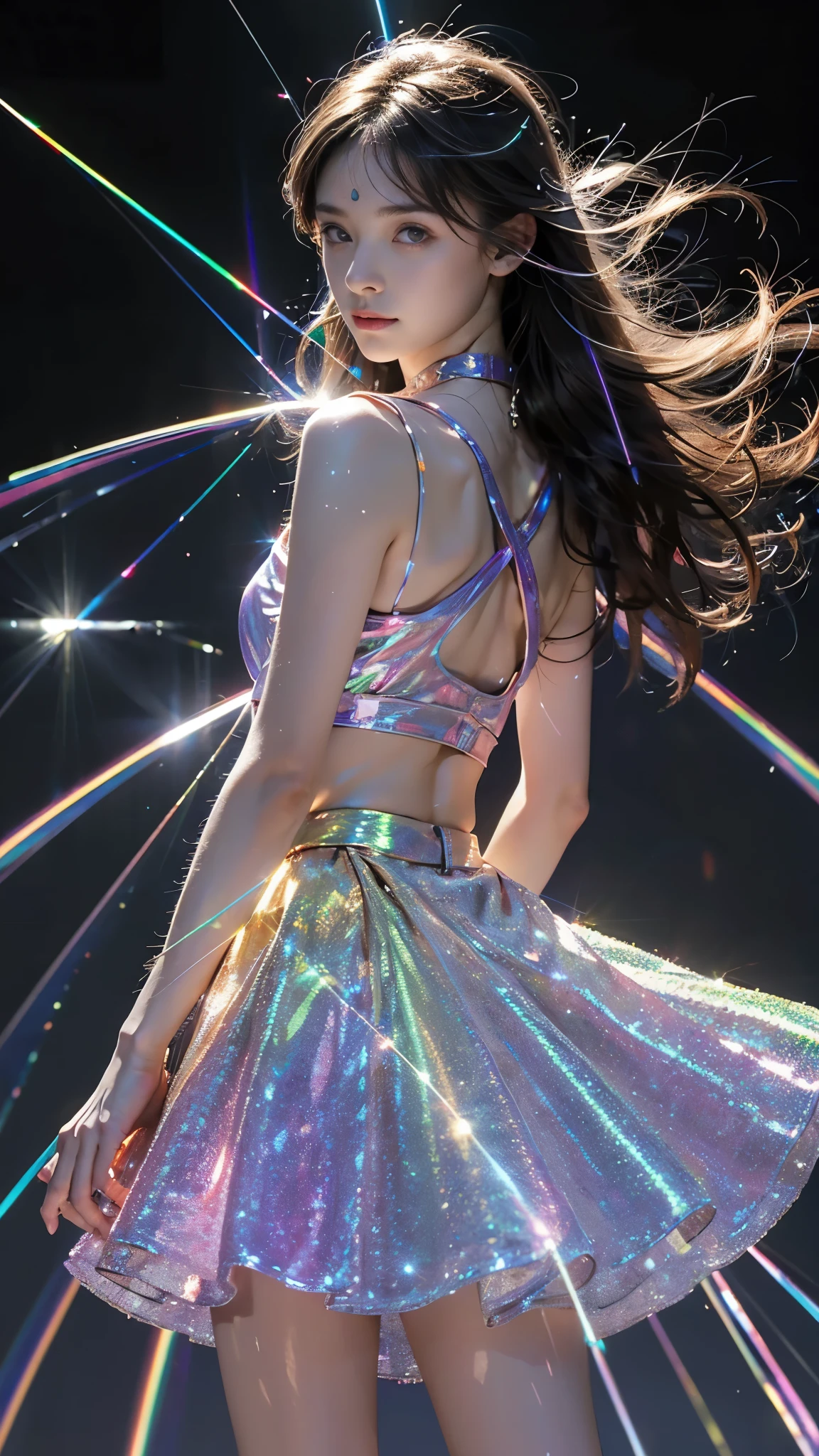8K, ultra hd, masterpiece, 1 girl, (good face:1.4), detailed eyes, very long hair, impressive hairstyle, earings, necklace, small breasts, (glowing skirt outfit1.5), see-through, (rainbow laser outfit:1.5), Light-colored foundation brings out the skin, (in the dark:1.5), mystery, (laser lights:1.8), glowing lights, very decoration, The laser falls like water, perfect front body,