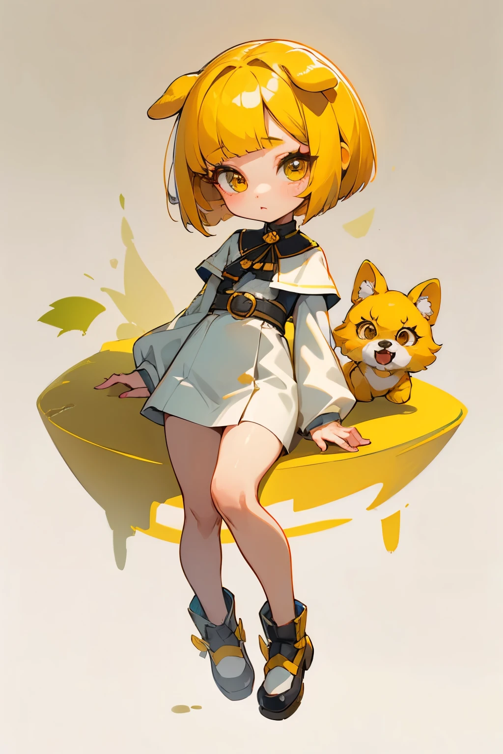 girl, full body, dog character, dog style ear, cute, catoon style, chibi style, beautiful face, beautiful eye, high detailed pupil, double eyelid, high quality skin, yellow color hair, bob cut hair, white clothes, masterpiece,