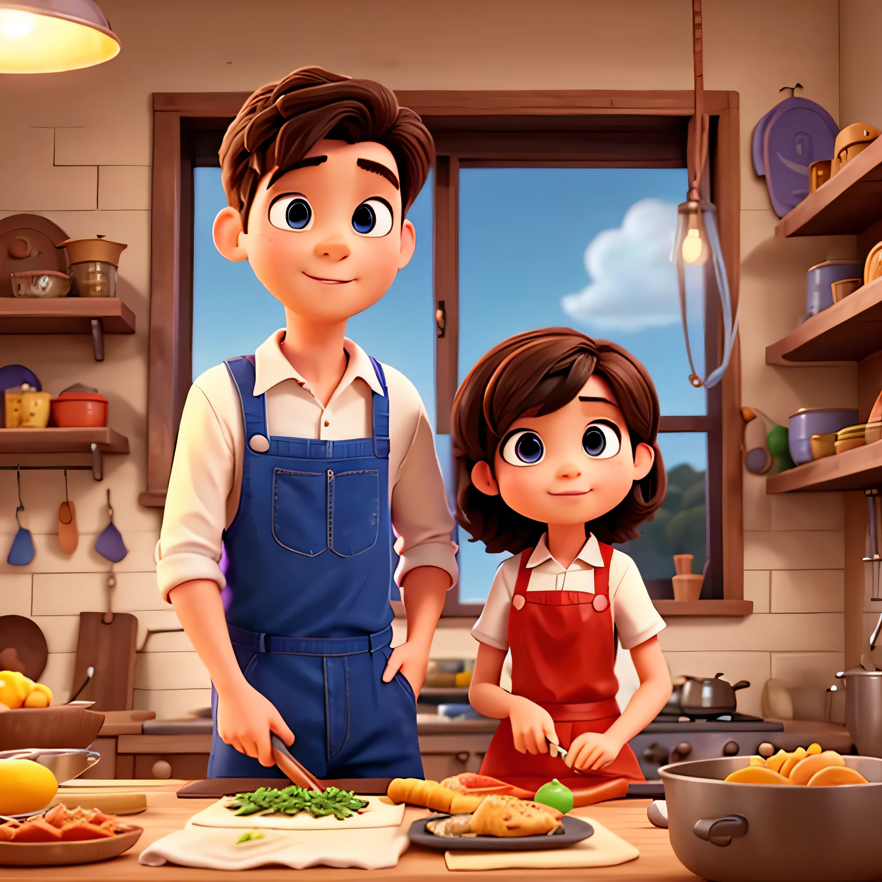Boy and girl cooking pixar style