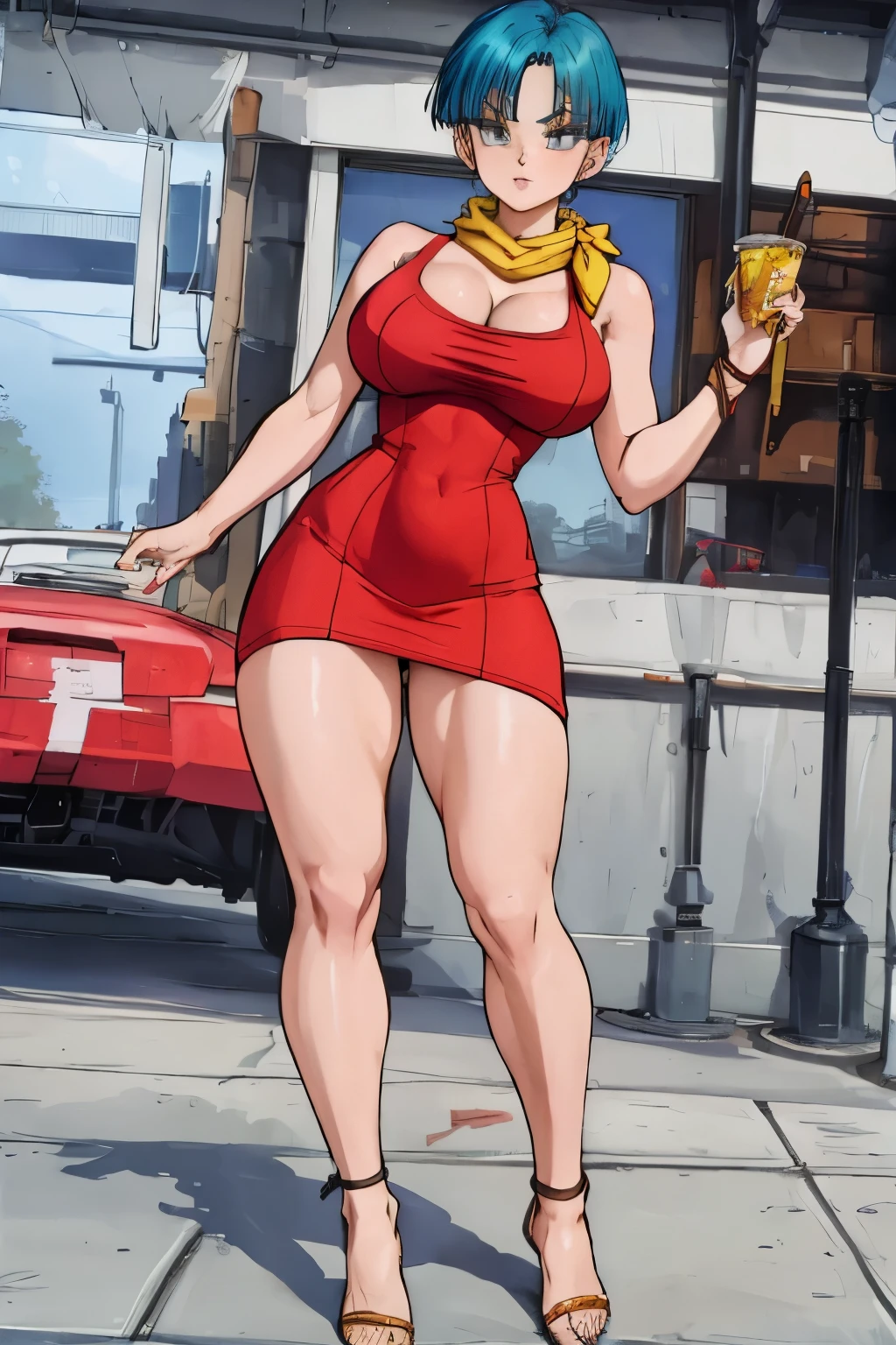 full body visto desde abajo ((cabello verde corto)).  (( anime bulma dragon ball z)) (( vestido rojo)) mujer 30 years old, ((cabello azul corto)), (( con curvas)),(( una bufanda amarilla)) (( vestido muy corto)) (( piernas fuertes)), (( cintura muy angosta)) hay una mujer con un vestido rojo y una bufanda amarilla, vestido apretado, vestimenta ajustada, succubus in short tight dress, vestido sexy, faye valentine, linda chica con traje de tanque, skinvestido apretado, better known as amaranto, amaranto, He wears a bathing suit, usando ropa sencilla y ajustada, cintura delgada y caderas gruesas , alto detalle 8K, piel perfecta. 12K HDR