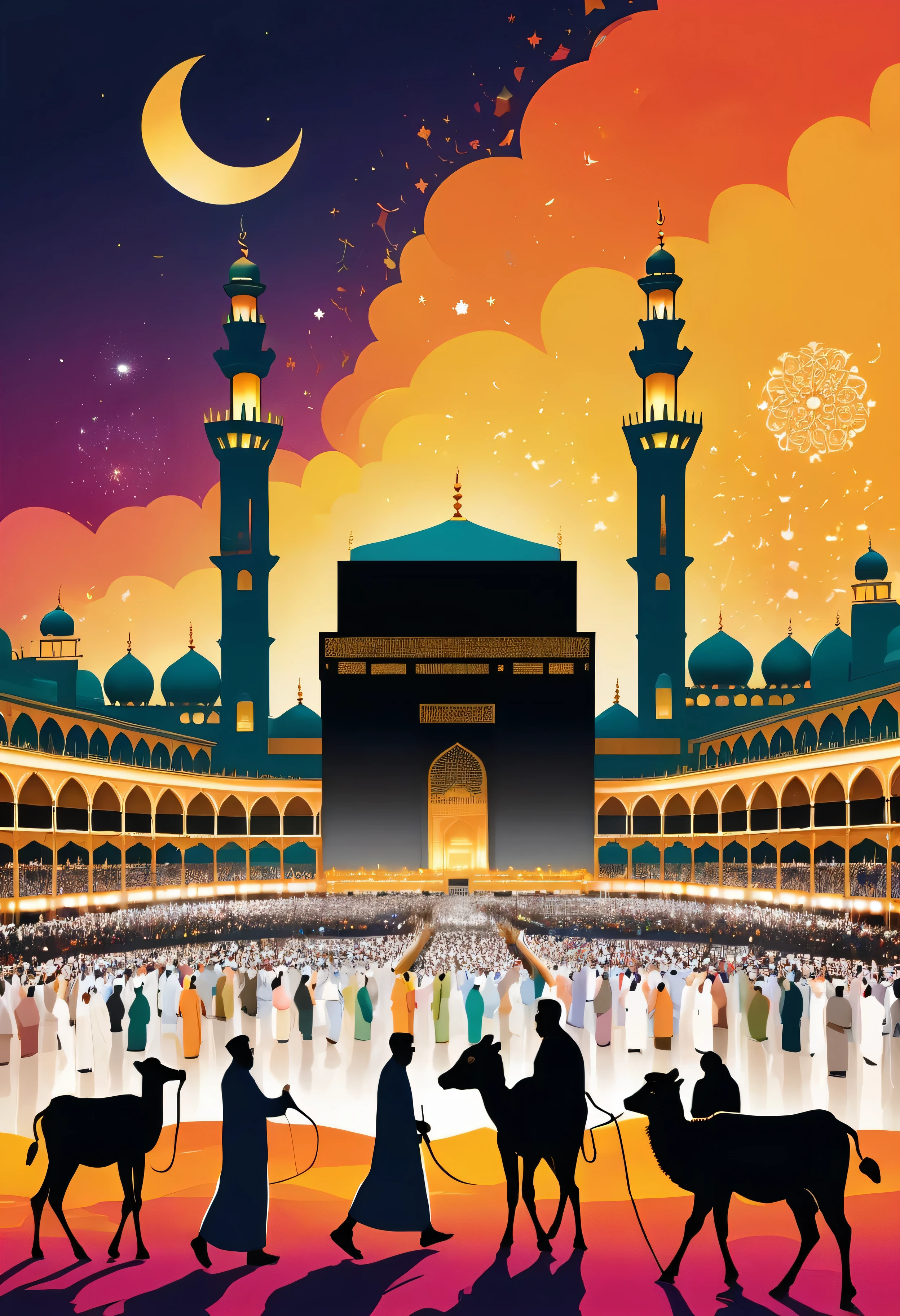 Create a captivating vector illustration that portrays the essence of the special moment of Eid al-Adha. Showcased within the artwork should be the symbolic elements of the occasion, such as a group of people gathered for prayers, the iconic image of the Kaaba, and the silhouette of sacrificial animals. Incorporate warm and vibrant colors to evoke the joyous atmosphere of the celebration. Ensure that the composition conveys a sense of unity, spirituality, and reverence for the traditions of Eid al-Adha. The artwork should capture the significance of the occasion while maintaining a modern and visually appealing aesthetic suitable for a wide audience