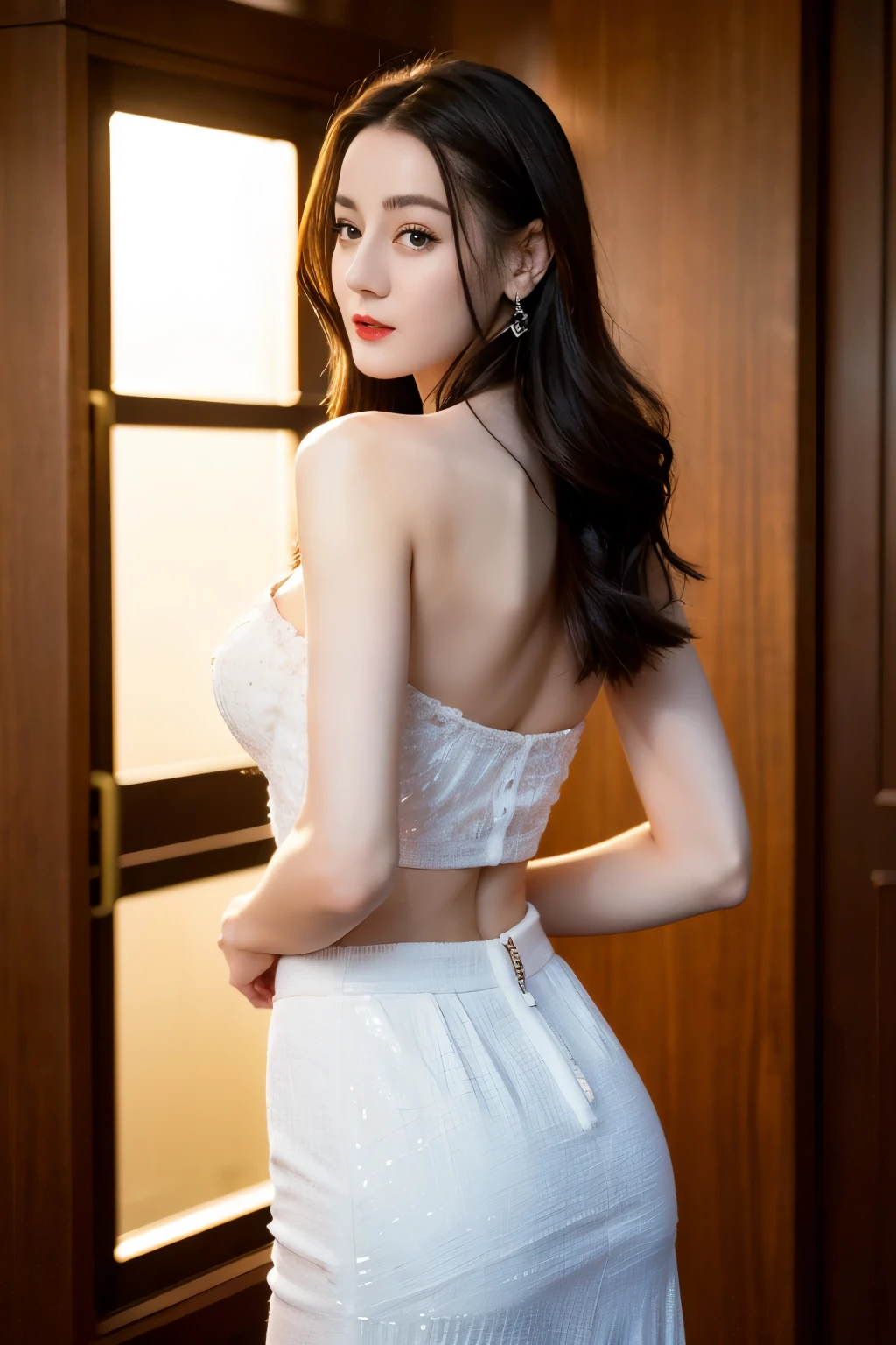 ((top quality、8K、Masterpiece:1.3))、Extremely delicate beautiful girl,huge breasts,bigger breasts,amazing breast size,G cup,Sunset。Wear big earrings,Very white skin,moist red lips,Waist is very thin,Thighs are very thin,big ass,exposed,fair and smooth skin,Smooth and fair skin,flawless skin,Fair and shiny skin,cold white skin,The camera focuses on the chest,bright light,Bandeau dress,Transparent skirt,Openwork skirt,exposed的肩膀,brown hair,后背exposed到臀部,后背exposed到腰臀线,Smooth white back,Stand sideways,Straight posture