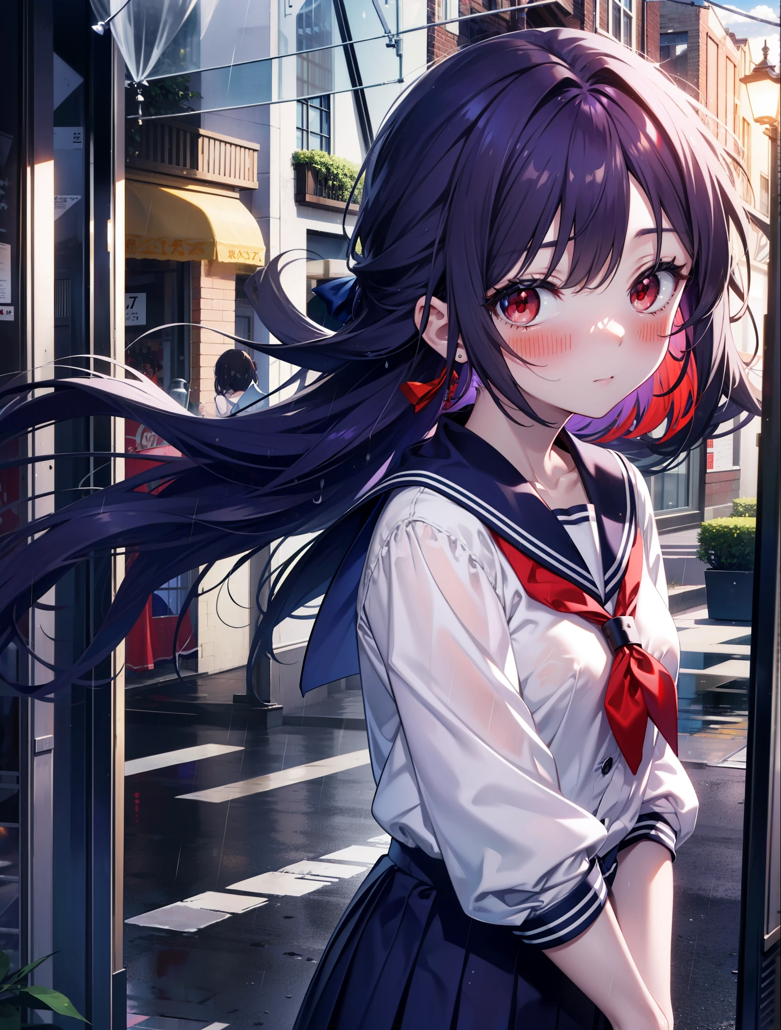 yuukikonno, Yuki Konno, hair band, long hair, pointed ears, purple hair,blush, embarrassing,(red eyes:1.5), (small breasts:1.2),high school girl uniform(Purple sailor suit),Purple pleated skirt,white tights,brown loafers,rain,cloudy,umbrella,umbrellaのグリップを両手で掴んで持っている,evening,
break looking at viewer, Upper body, full body,
break outdoors, city,building street,
break (masterpiece:1.2), highest quality, High resolution, unity 8k wallpaper, (shape:0.8), (fine and beautiful eyes:1.6), highly detailed face, perfect lighting, Very detailed CG, (perfect hands, perfect anatomy),