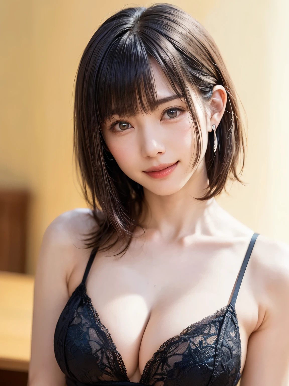 (table top, highest quality、ultra high resolution、face focus focus、Focus on the side、navel focus、decolletage focus、very attractive beauty、Add intense highlights to your eyes、look closely at the camera:1.4、Absolutely beautiful bangs:1.4、Brunette short bob hair with bangs:1.4),1 girl, Report, black haired, realistic, looking at the viewer, pale black eyes, short hair, lips, lip gloss, Upper body、Big eyes、eyelash)、((italian natural background、hyper real stick:1.4))、((short hair with bangs:1.4、Beautiful bangs with 46 points:1.4、{Huge|big|Hugeな|mega} ?????:2, cleavage:2、Big eyes、Give students very powerful highlights、very bigger ?????、look at the audience、very beautiful beauty、show me your ears、beautiful long neck、beautiful decollete、smile、A smilee　beautiful teeth、Open your mouth and smilee))、28 years old、very cute super model、perfect ???????