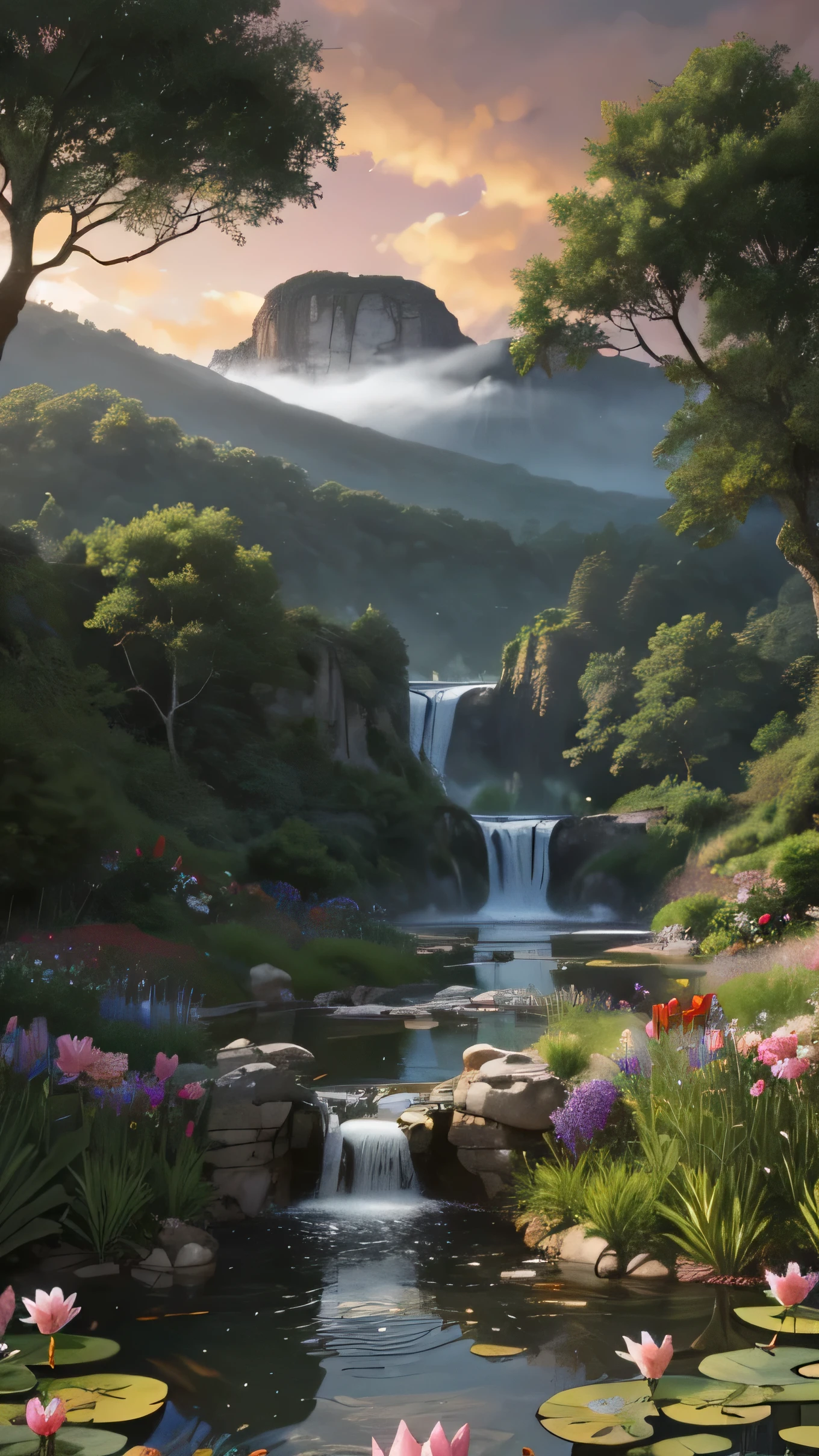 There is a large waterfall in the middle , country cabin, sunset stunning light effect, dark sky with red sunset clouds, fog in the forest, waterfall flows into a pond, pond with a garden, flowers colorful and water lilies in a pond, rock bridge, epic landscape, lantern in the pond, ancient city blurred on mountain in the distance, fantasy, trend in artstation, trend in CGSociety, intricate, high detail, dramatic, art mid-journey, tall aguafall, painting of a river with rocks and trees in the foreground, near a river, landscape, jungle, aguafall, crystal clear water, colorful, river with rocks, rock bridge, epic, Fantasy, ((roses and flowers on the banks of the pond)), ((Painting) oil)), ((rock bridge))