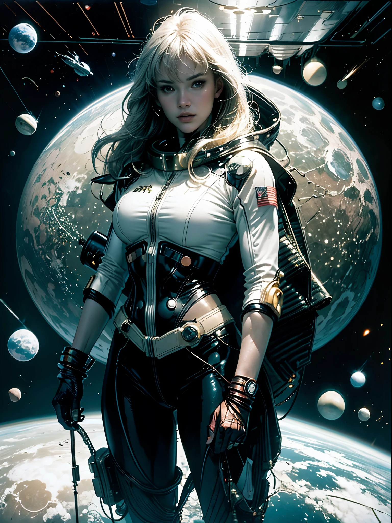 master-piece，Alison Tyler in white tech suit clothes，White long hair，laces，Abstract retro sci-fi background，art of moebius，Ashley Wood's art，dynamicpose，Wandering Earth，Space Starry Sky
