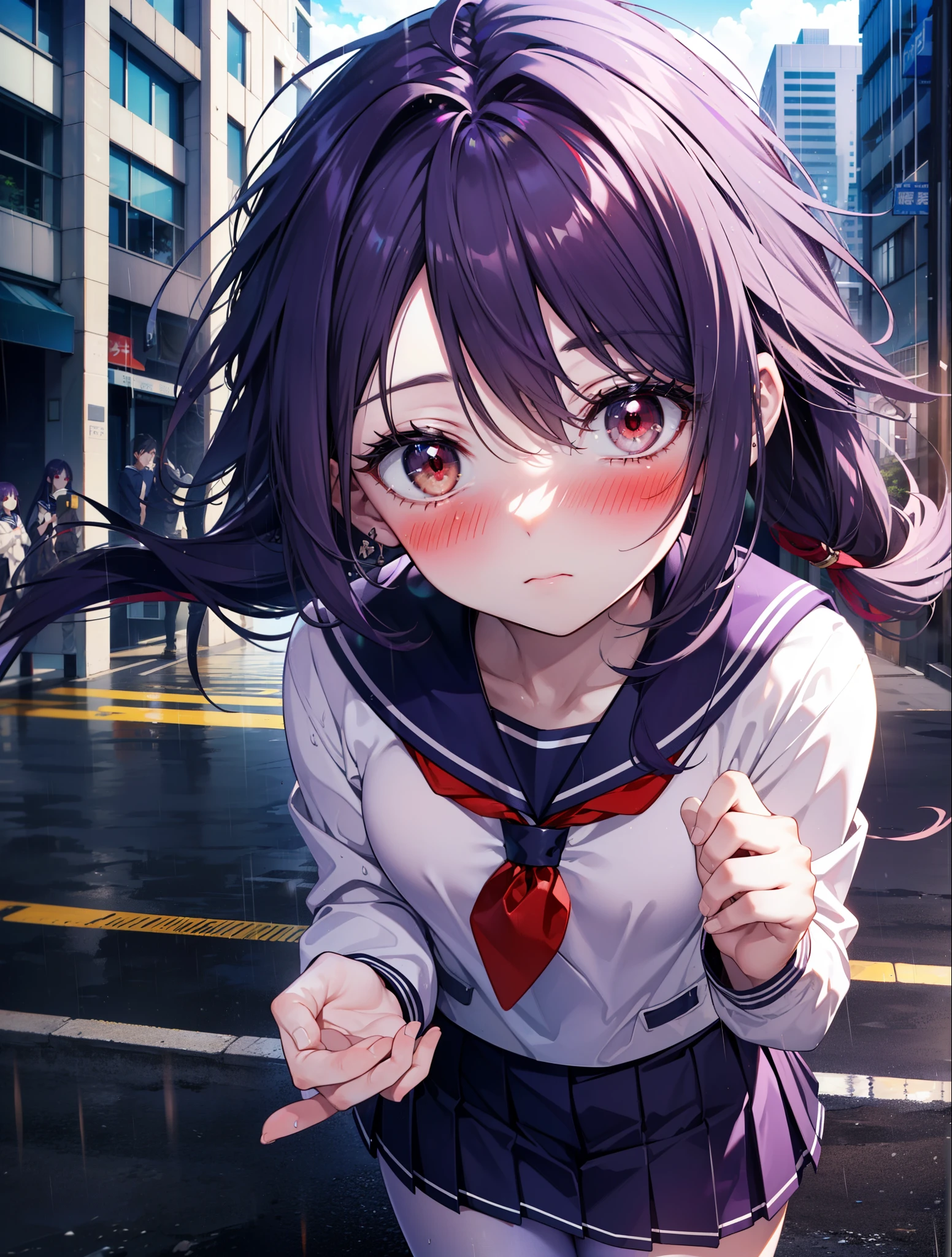 yuukikonno, Yuki Konno, hair band, long hair, pointed ears, purple hair,blush, embarrassing,(red eyes:1.5), (small breasts:1.2),high school girl uniform(Purple sailor suit),Purple pleated skirt,white tights,brown loafers,rain,cloudy,umbrella,evening,
break looking at viewer, Upper body, full body,
break outdoors, city,building street,
break (masterpiece:1.2), highest quality, High resolution, unity 8k wallpaper, (shape:0.8), (fine and beautiful eyes:1.6), highly detailed face, perfect lighting, Very detailed CG, (perfect hands, perfect anatomy),