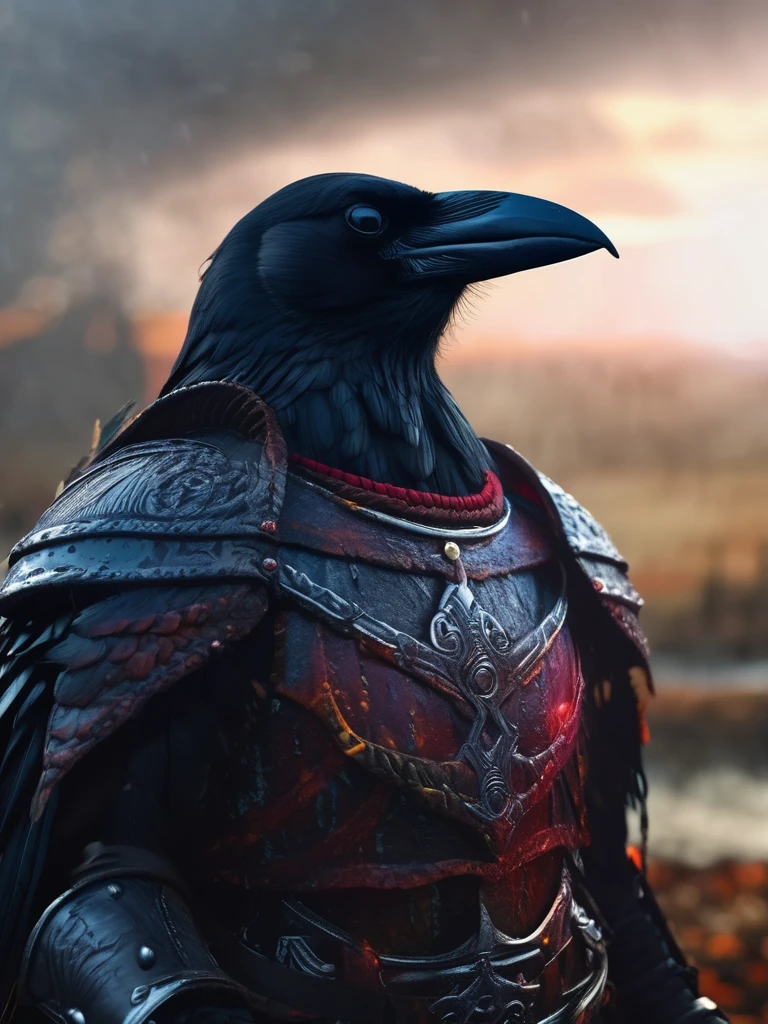 High-quality , 4k , ultra-detailed , realistic, dark fantasy, sci-fi, nordic mythology, anamorphic crow in viking armor, scream in revenge on battlefield, immersive background, portraits, vibrant colors, mystical lighting.