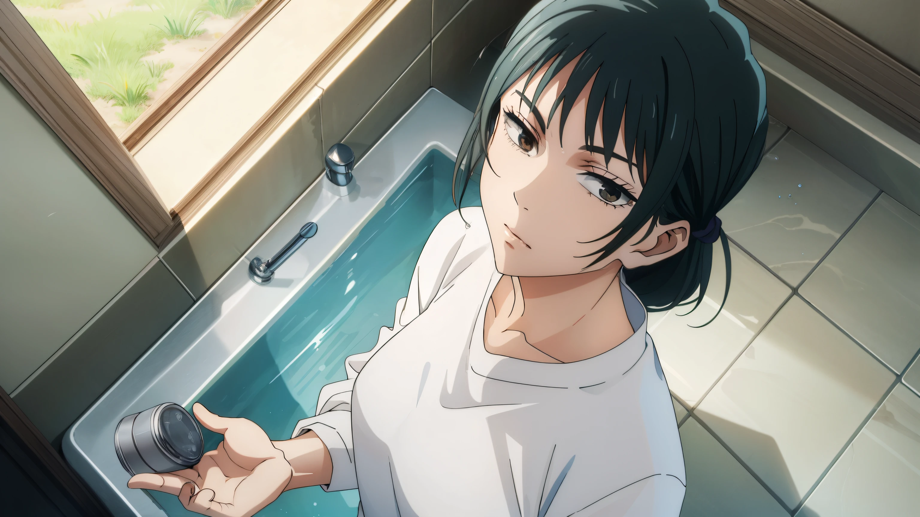 Ensure that Maki's entire body is visible, with attention to detail on her hands as she retrieves the soap. The final image should be in 8K resolution, high-quality, and evoke a sense of calmness with a hint of tension as Gojo Satoru's presence is suggested outside the bathroom door. Top Quality, masterpiece, HIGH DEFINITION, masterpiece, 8K, highly detailed, Best Illustration, beautiful detailed eye, detailed detail, Maki Zenin, 20-Something Woman, Hyper Detail, Perfect Hands, Beautiful Artwork, Master Quality, Best Shadows, Lighting to Highlight Characters, Realistic Face Details, Realism, 3D Face, Floating Nipples masterpiece, The Highest Quality, colorful hair, 1girl, bangs, long hair, Middle chest, aroused, lying, summer day background, facing towards the viewer, legs open, wet see-through dress, little clothes. Create an exquisite depiction of Maki Zenin in a serene bathroom scene, Maki's expression should exude tranquility as she reaches down to pick up a dropped bar of soap. The lighting should be soft and soothing, with gentle ripples in the water. In the background, suggest elements of nature or minimalist décor to enhance the atmosphere. 