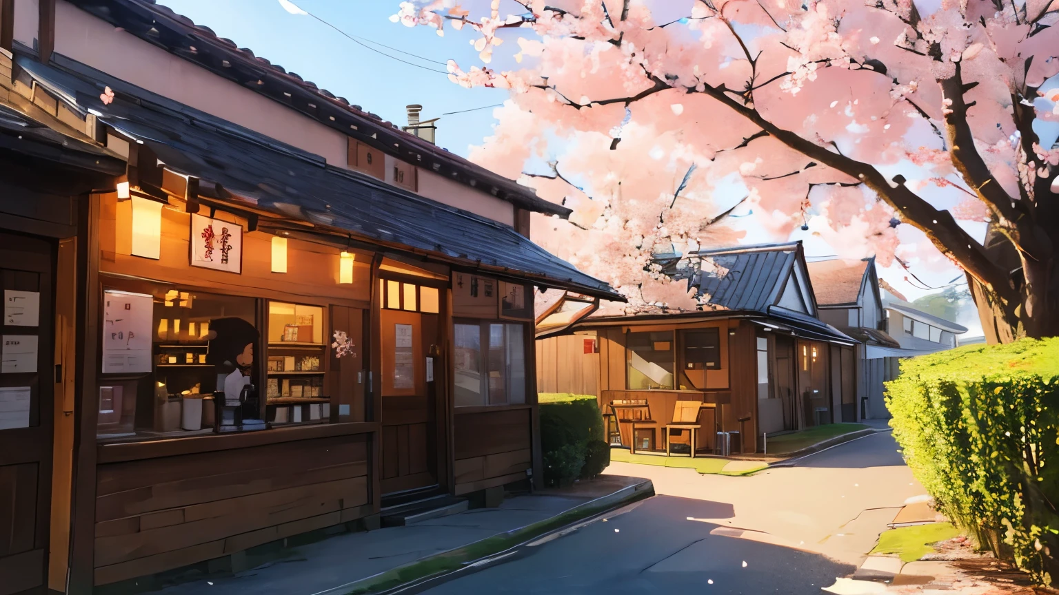 Countryside coffee shop、cherry blossoms、evening