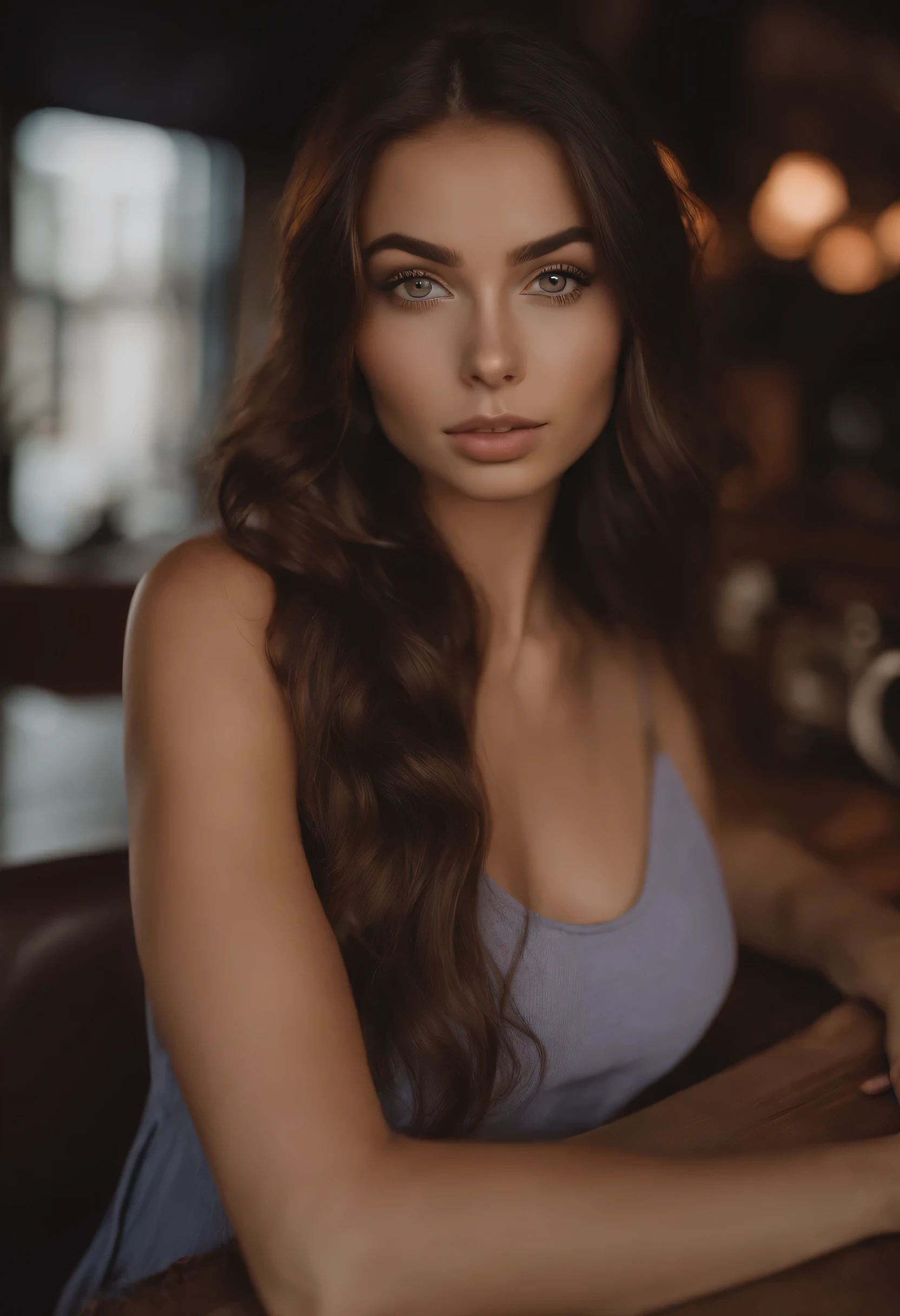 arafed woman topless, sexy girl with brown eyes, portrait sophie mudd, brown hair and large eyes, selfie of a young woman, bedroom eyes, violet myers, without makeup, natural makeup, looking directly at the camera, face with artgram, subtle makeup, stunning full body shot, in a sport bar, cleavage