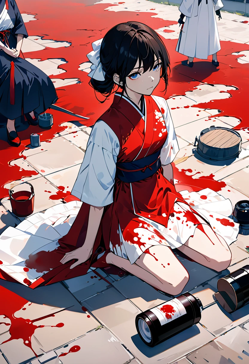 Anime characters sitting on the ground,There was blood splattered all around, Yang Jianjun's Minimalism, Pixiv Contest Winners, Modern European ink painting, anime style 4k, anime art wallpaper 8k, 4k comic wallpaper, Anime Art Wallpaper 4k, anime art wallpaper 4k, Badass Anime 8K, 4k anime wallpaper
