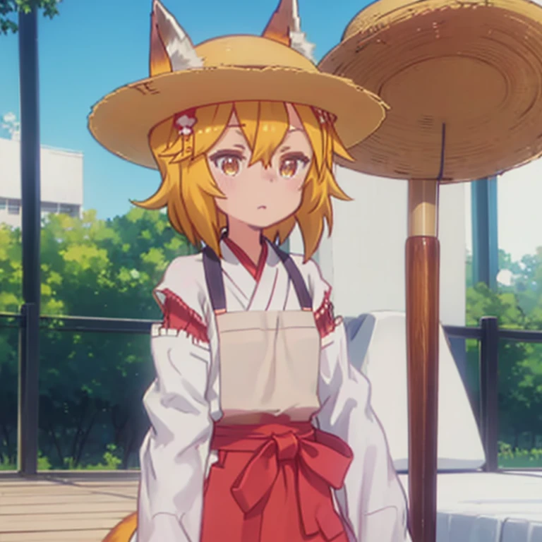 masterpiece, highest quality、Medium wide shot、cowboy shot、1. A girl with beautiful eyes、KitsuneSenko、orange hair, orange eyes, medium hair, fox ears, fox tail, hair ornament、SenkoMiko, miko, brown apron, red hakama、SenkoPajama, japanese clothes, pajamas, red kimono、SenkoSwimsuit, white camisole, midriff, red skirt, straw hat, hat flower、