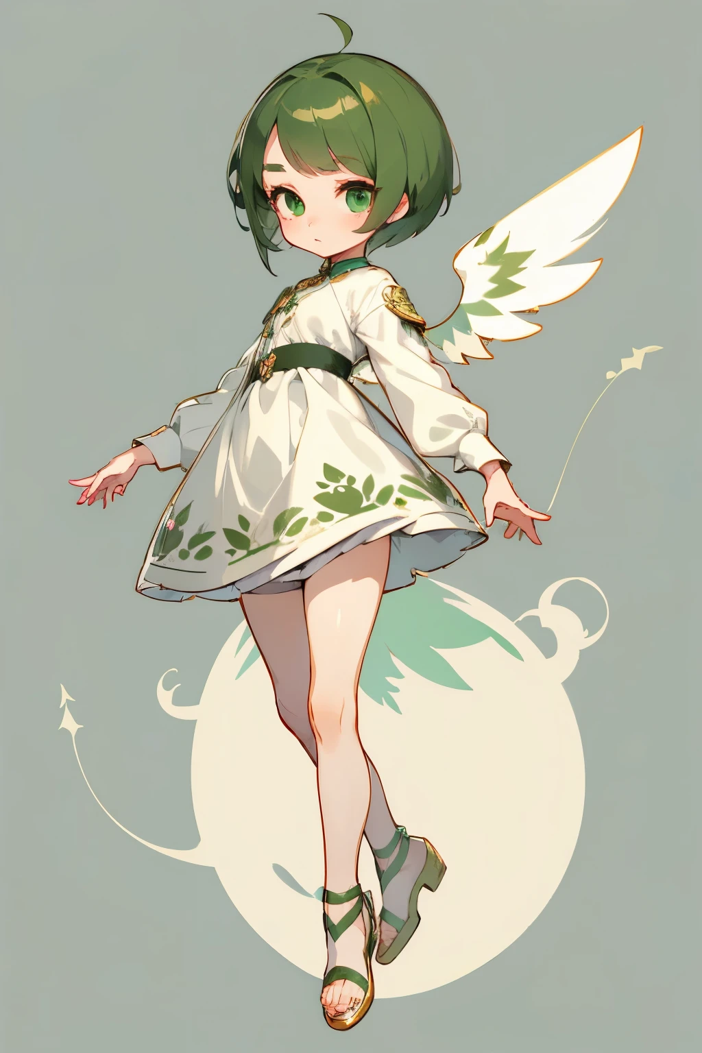 girl, full body, bird character, bird style wings, cute, catoon style, chibi style, beautiful face, beautiful eye, high detailed pupil, double eyelid, high quality skin, green color hair, very short cut hair, white clothes, masterpiece,
