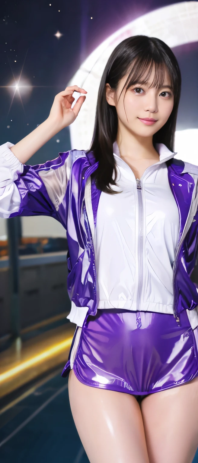 Sexy Idol Girl、whole body、good style、、、、Glowing shiny purple swimsuit、、、White Track Jacket、、、、cyber city、long black hair