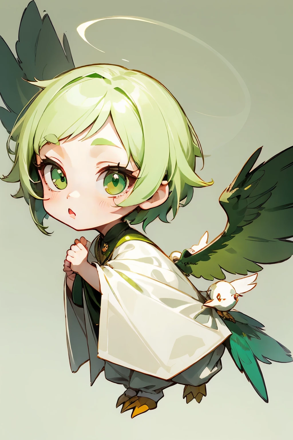 girl, full body, bird character, bird style wings, cute, catoon style, chibi style, beautiful face, beautiful eye, high detailed pupil, double eyelid, high quality skin, green color hair, very short cut hair, white clothes, masterpiece,